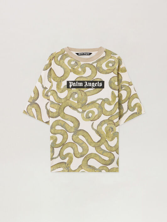 PALM ANGELS Snake Allover Loose T-Shirt IVORY - GREEN PMAA10DF25JER004