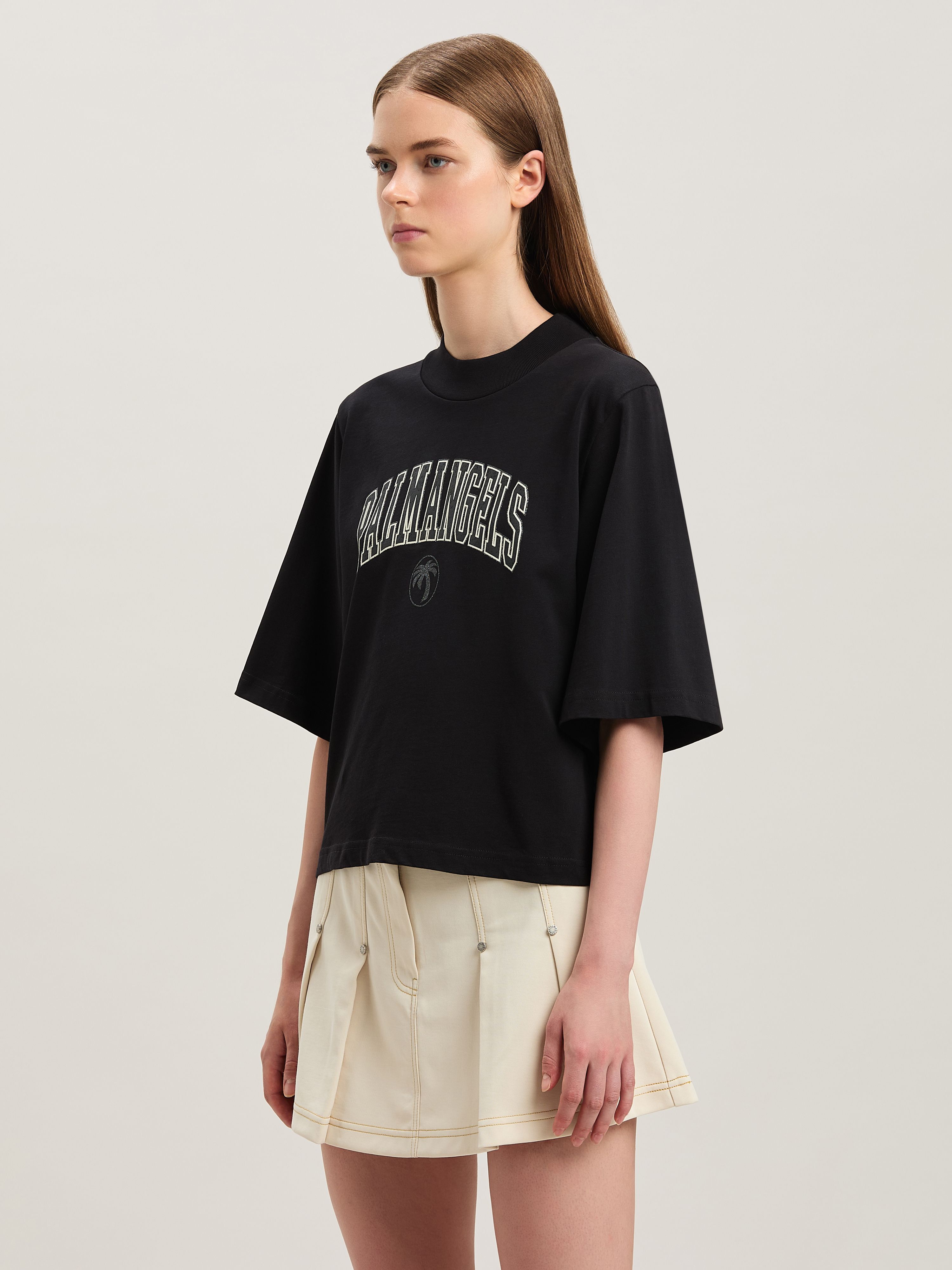 PALM ANGELS  College cropped T-shirt NERO - AVORIO PWAA020S25JER004