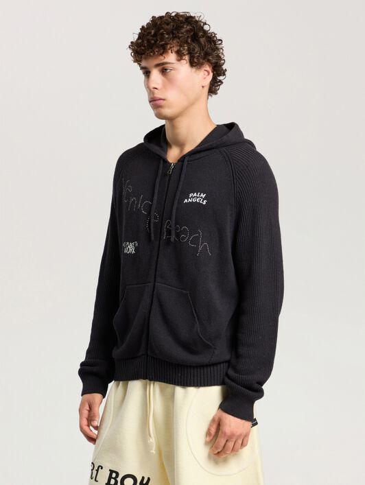 PALM ANGELS Surfer Dreams Knit Zip-Up Hoodie BLACK - OFF WHITE PAMHU03F26KN01