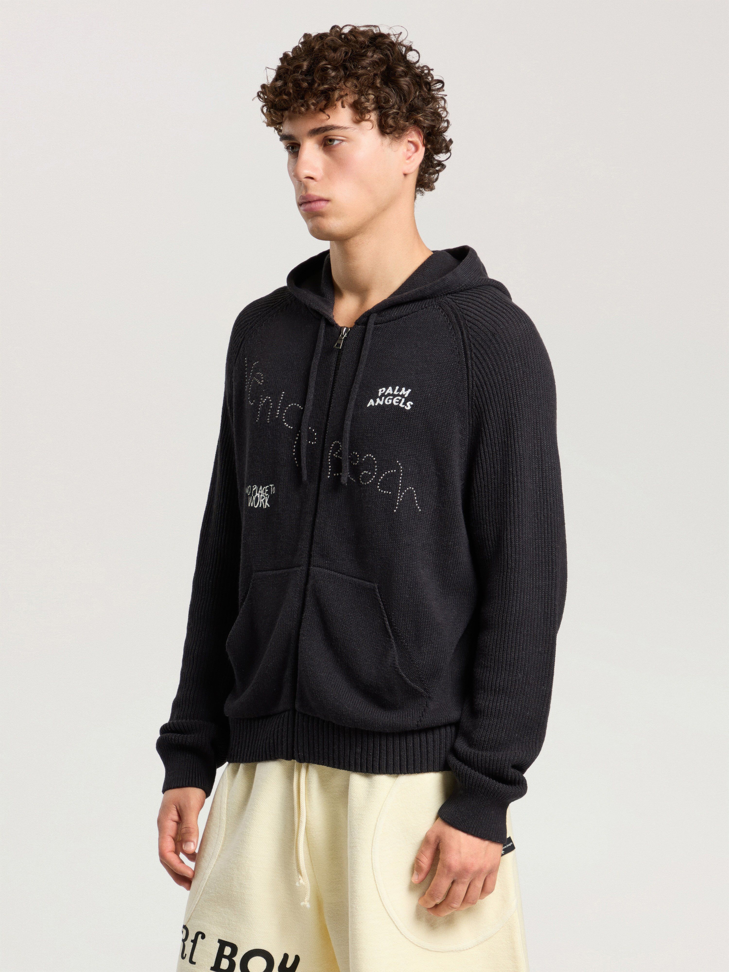 PALM ANGELS Surfer Dreams Knit Zip-Up Hoodie BLACK - OFF WHITE PAMHU03F26KN01