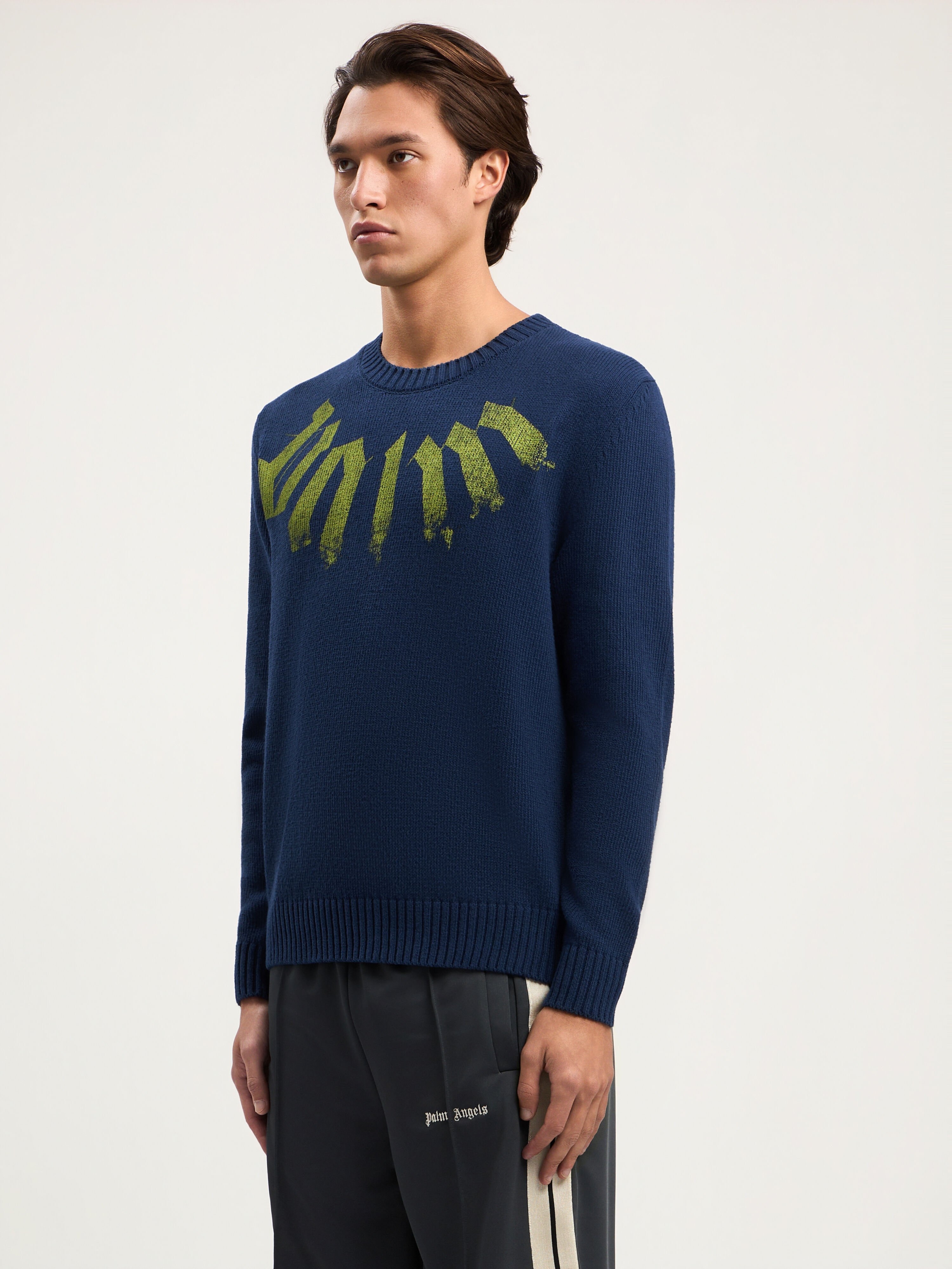 Big Neck Logo Sweater PALM ANGELS Big Neck Logo Sweater NAVY BLUE LIME PMHE08CS26KNI001