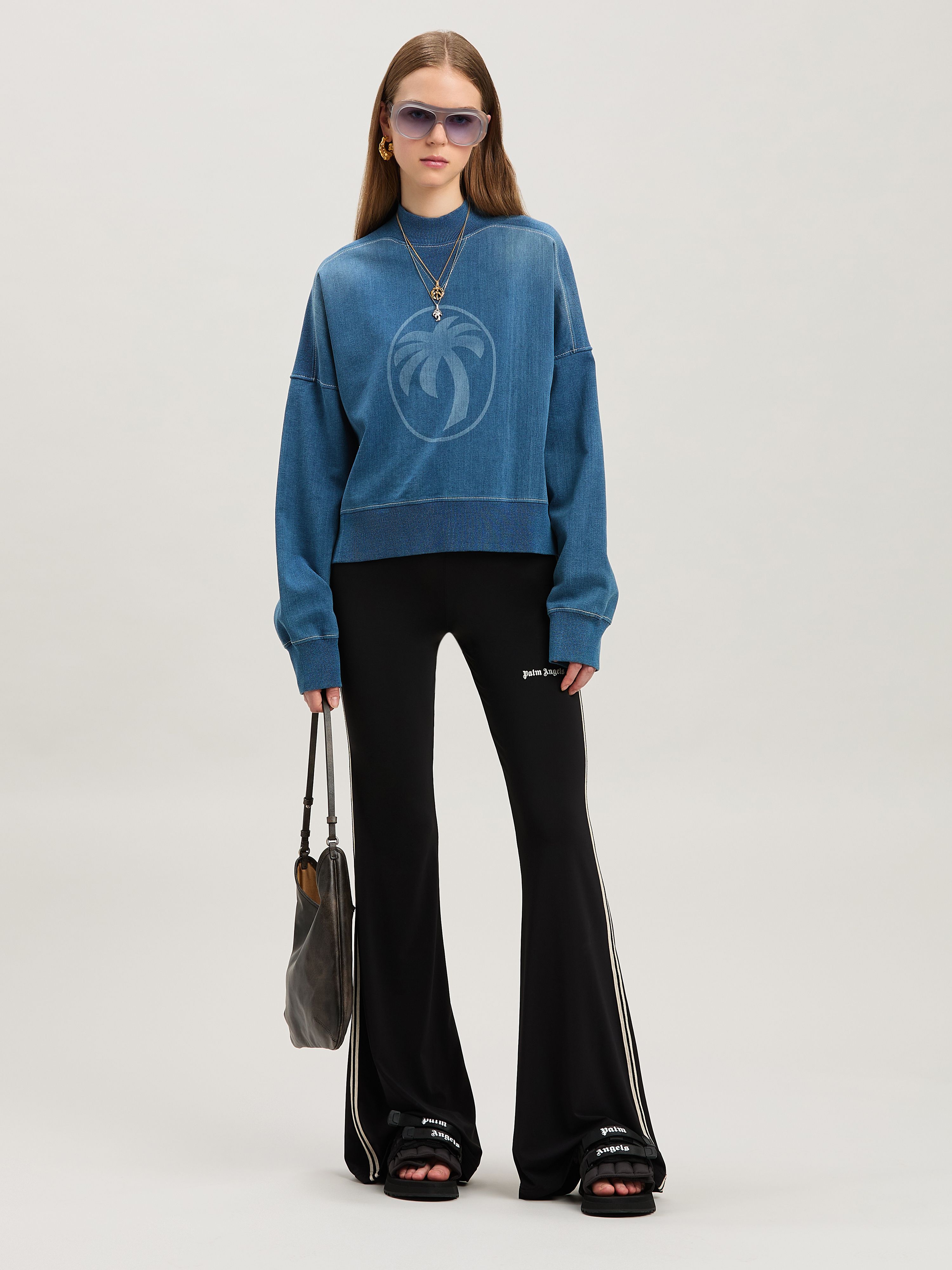 PALM ANGELS  Oval Palm lasered Sweatshirt INDIGO BLUE - LIGHT BLUE PWBA053S25FAB001