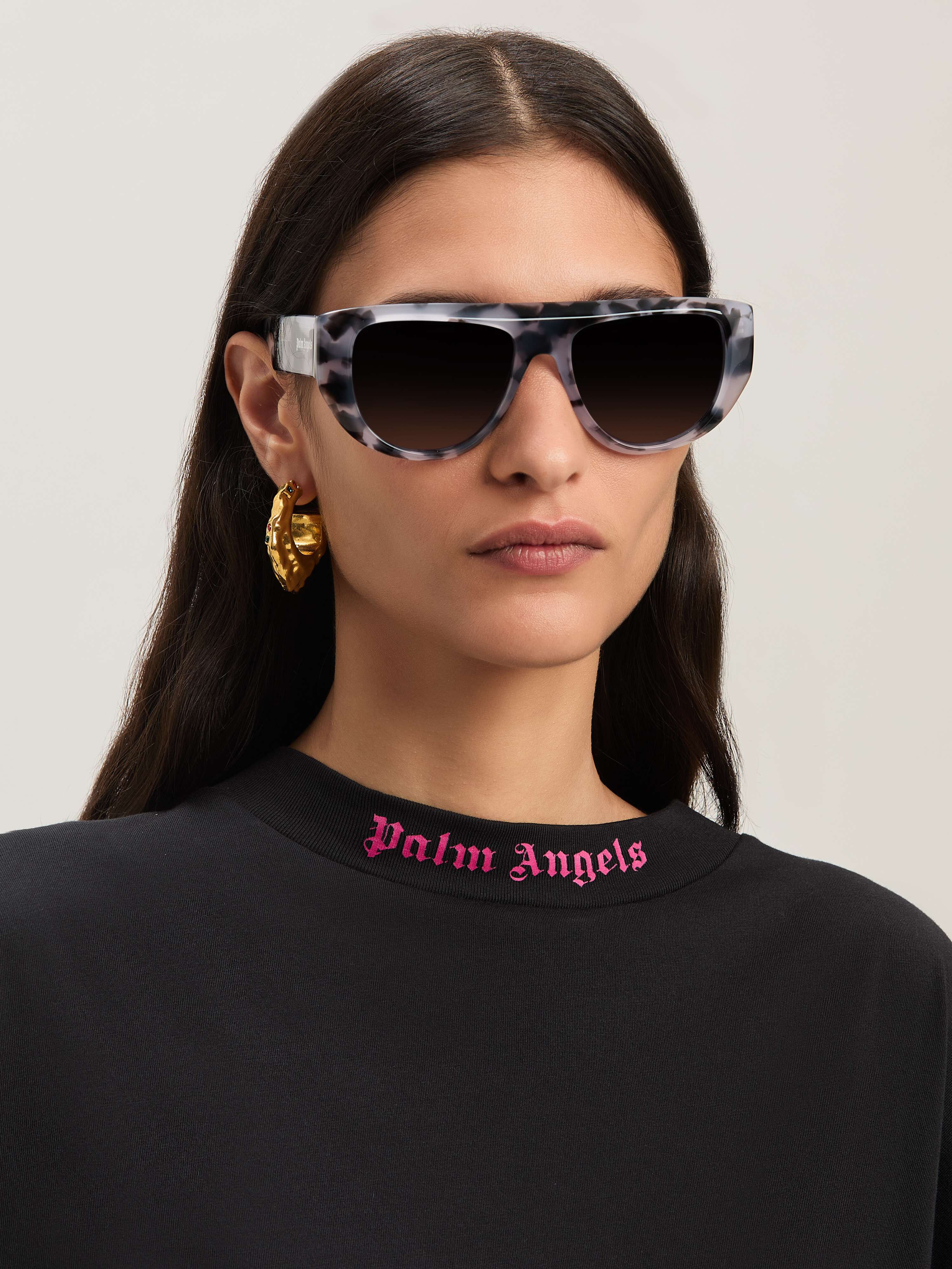 PALM ANGELS  Curved Logo oversize T-shirt BLACK - FUCHSIA PWAA023S25JER002