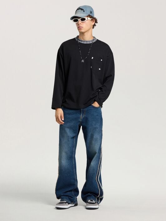 PALM ANGELS Palm Rib Long Sleeve T-Shirt BLACK - OFF WHITE PAMAB02F26JR01