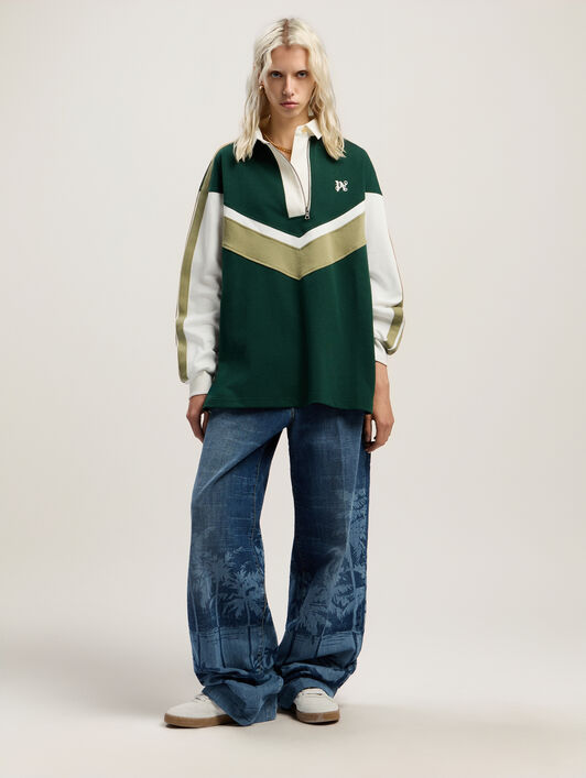 Monogram Colorblock Polo Shirt PALM ANGELS Monogram Colorblock Polo Shirt DARK GREEN - OFF WHITE PWGC011F25FAB001