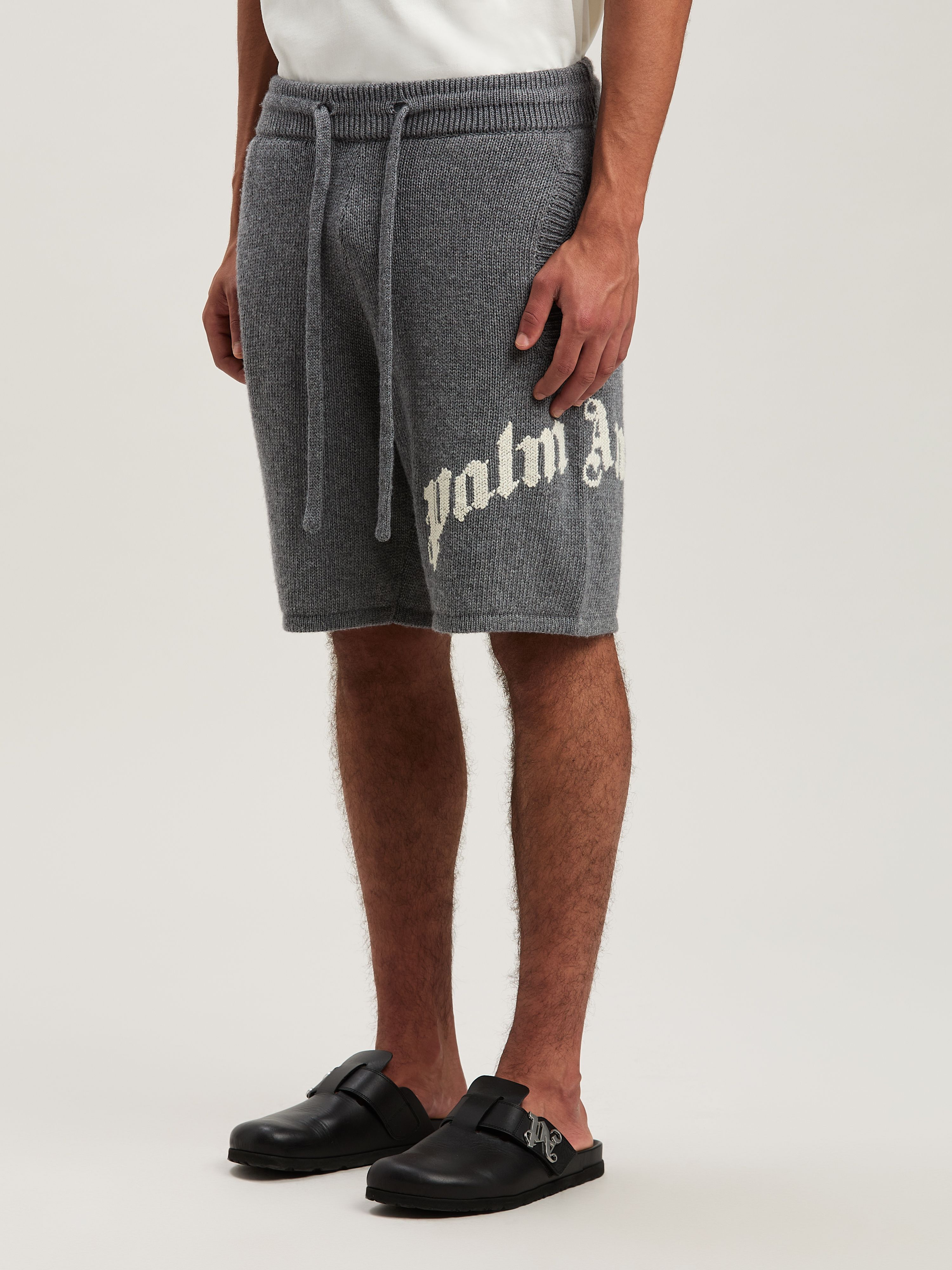 PALM ANGELS  Curved logo embroidered knit shorts GREY MELANGE - OFF WHITE PMHM011S25KNI001