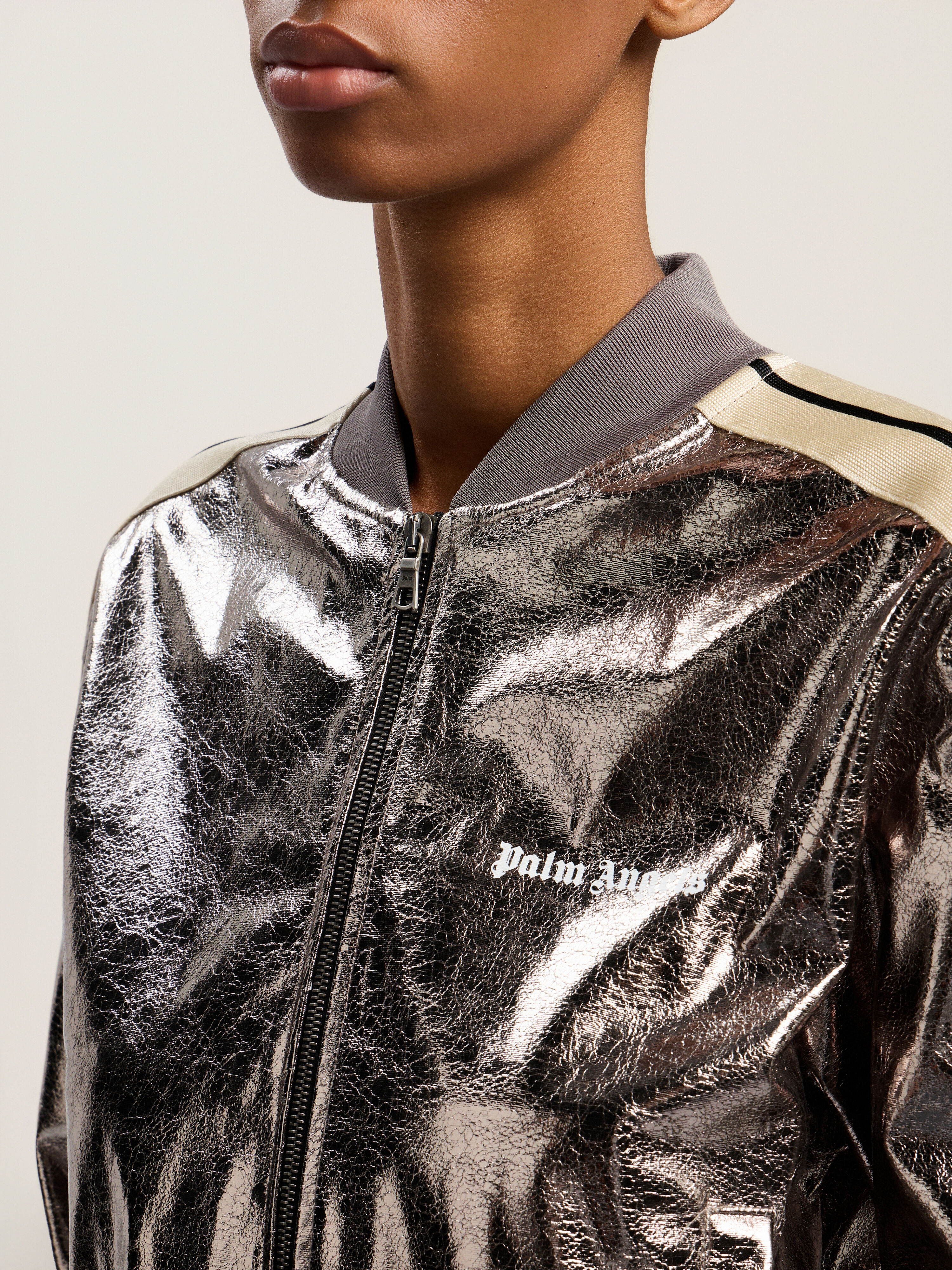 PALM ANGELS Laminated Track Jacket GUNMETAL - OFF WHITE PWBD050F25FAB001