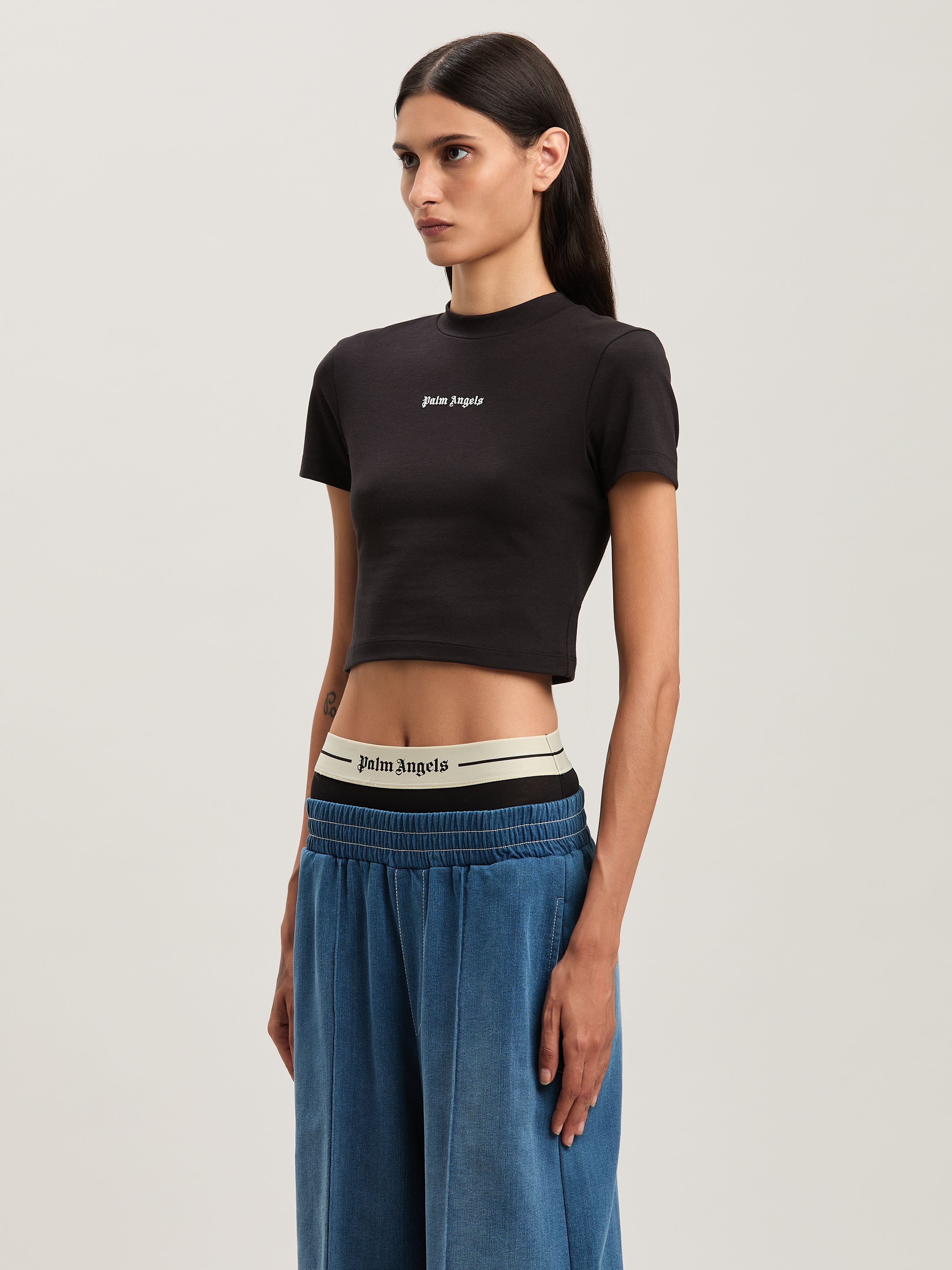 PALM ANGELS  Classic logo cropped Baby T-shirt BLACK - OFF WHITE PWAA074C99JER001