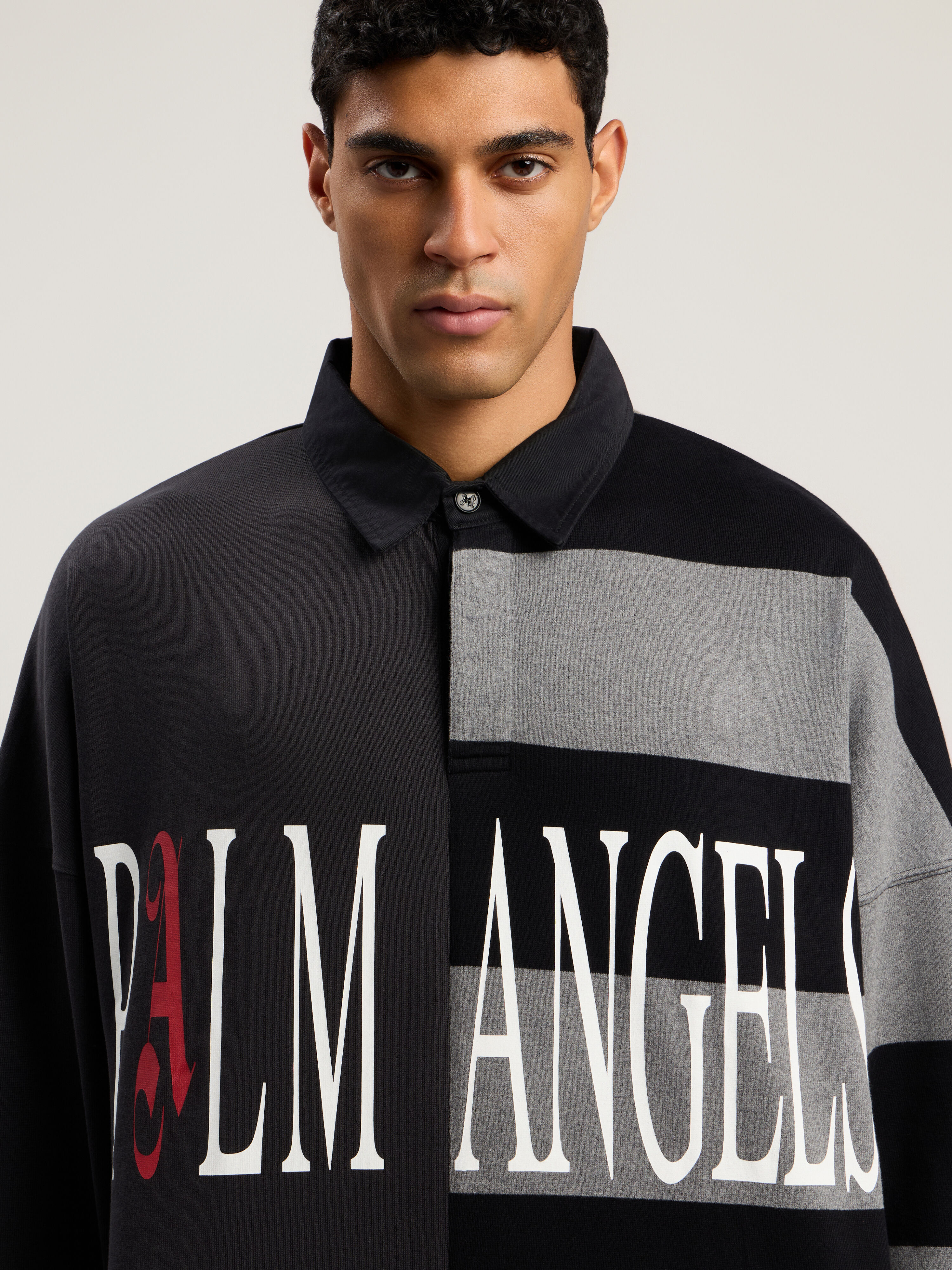 PALM ANGELS Flames Flag Polo L/Sg BLACK - GREY MELANGE PMGC01BF25FAB001