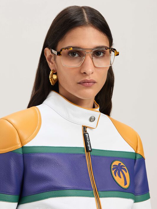 PALM ANGELS  Racing leather jacket OFF WHITE - BLUE PWJG019S25LEA001