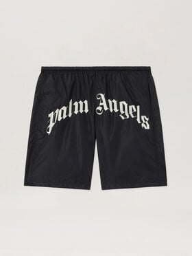 PALM ANGELS Curved Logo Swimshorts BLACK OFF WHITE PMFD018S26FAB001
