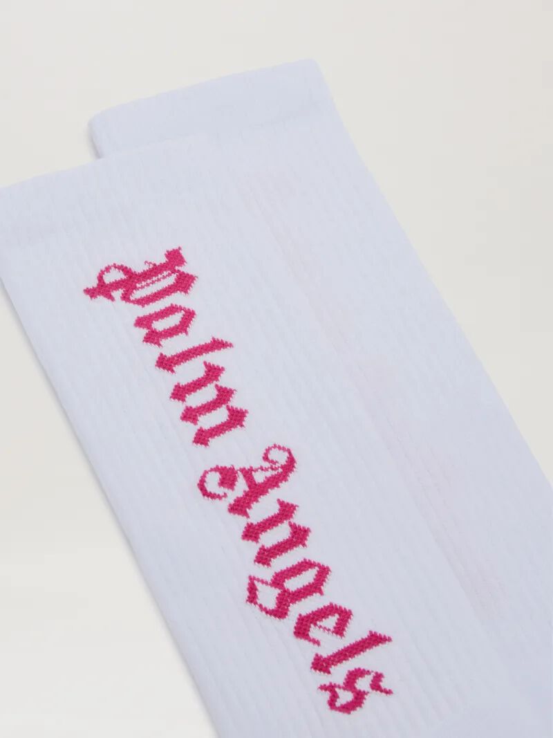 PALM ANGELS  Hohe Socken mit Jacquard-Logo WHITE - FUCHSIA PWRA007S25FAB001