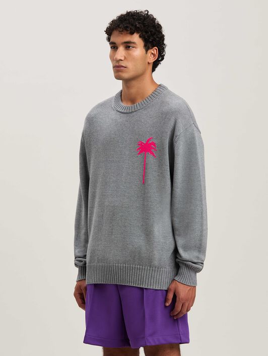 PALM ANGELS  Palm Inlay knit sweater GREY MELANGE - FUCHSIA PMHE080S25KNI001