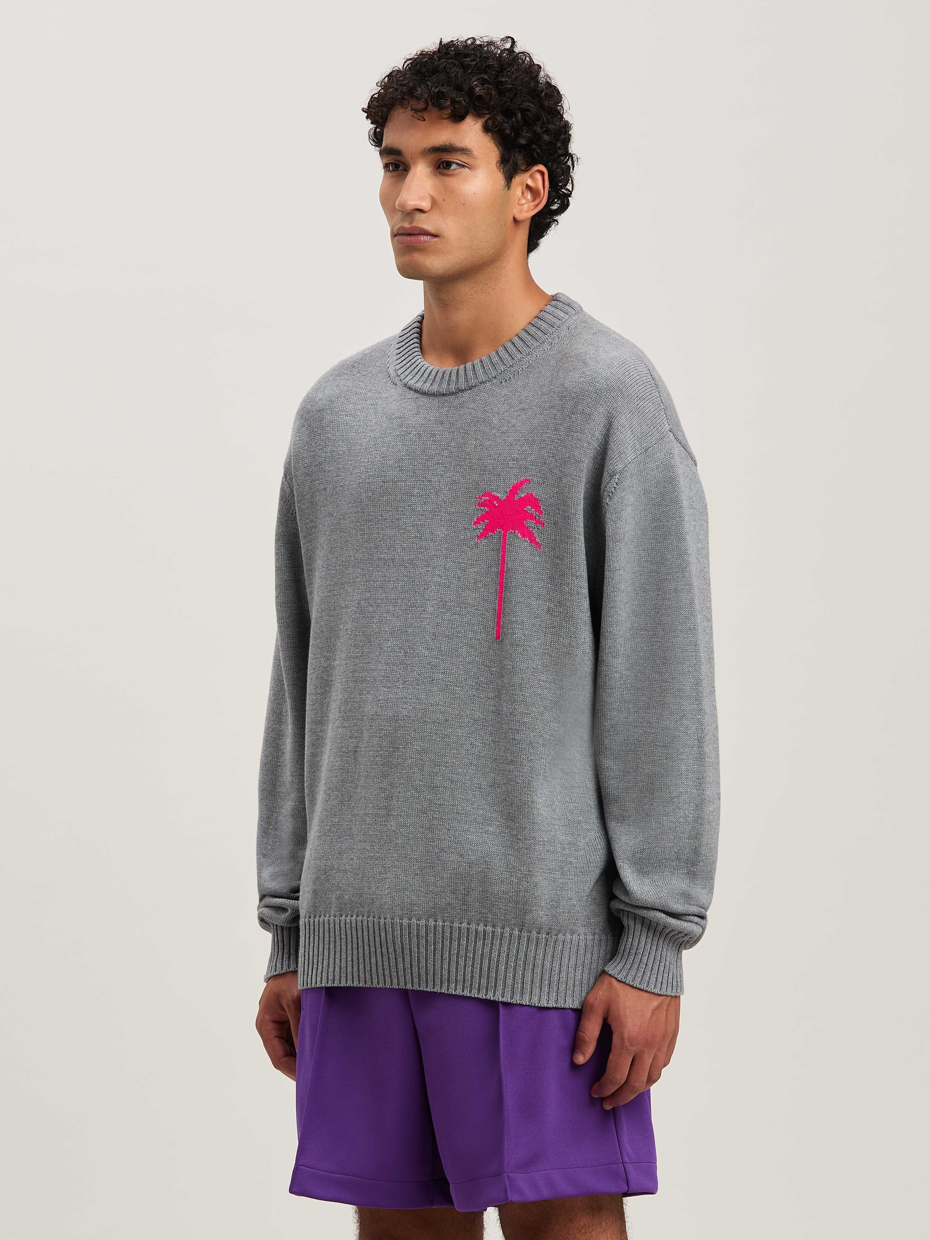 PALM ANGELS  Palm Inlay knit sweater GREY MELANGE - FUCHSIA PMHE080S25KNI001