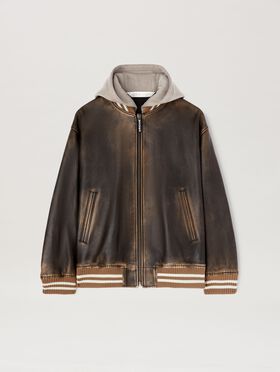 PALM ANGELS  Curved logo Leather Bomber BROWN - DARK BROWN PWJA035S25LEA001