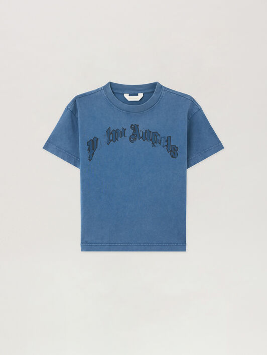 PALM ANGELS Curved Logo Faded T-Shirt BLU/BLUE PBAA003S26JER009