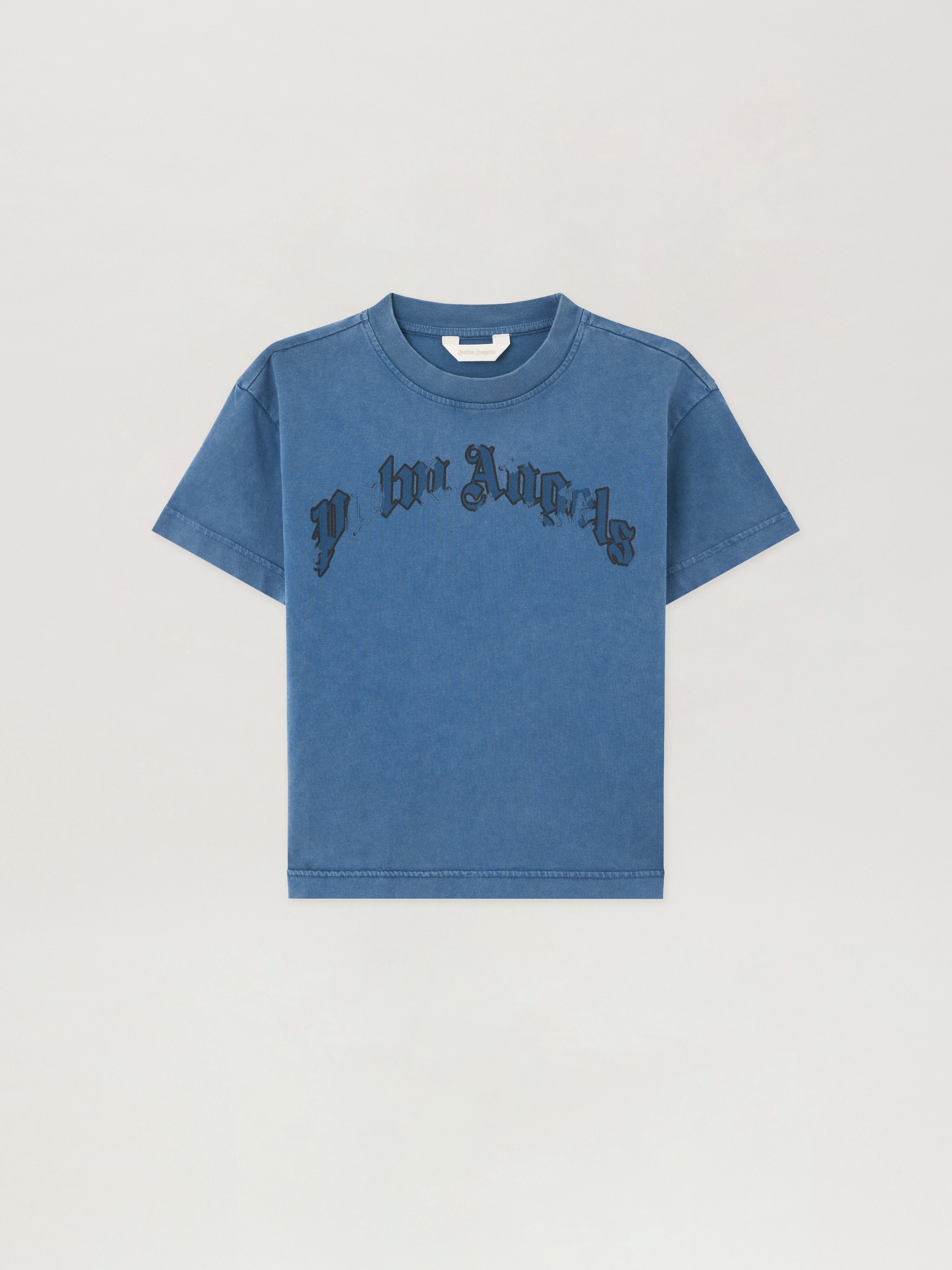 PALM ANGELS Curved Logo Faded T-Shirt BLU/BLUE PBAA003S26JER009