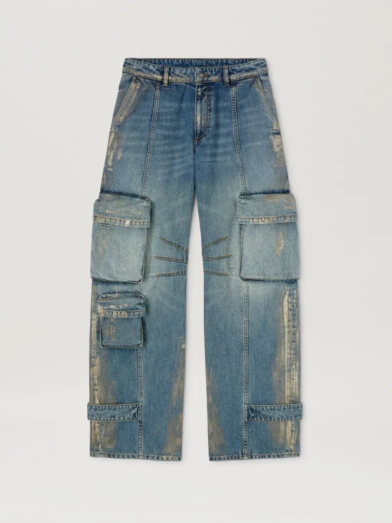 PALM ANGELS  Metal brushed cargo denim pants MEDIUM BLUE - SILVER PWYB029S25DEN001