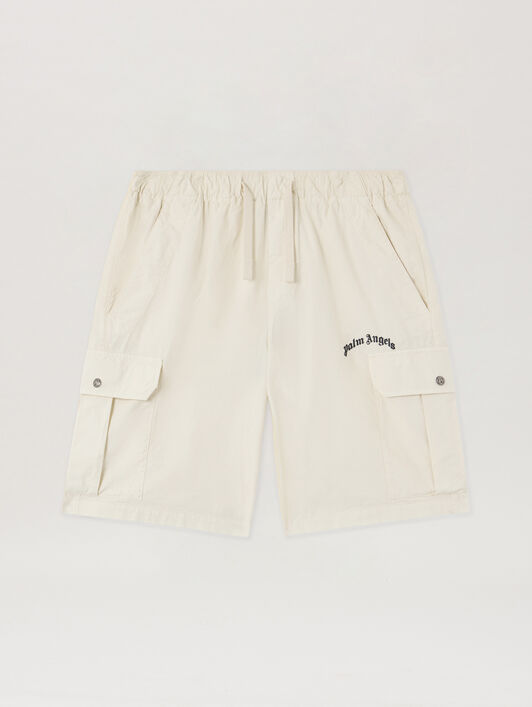 PALM ANGELS Curved Logo Loose Cargo Shorts OFF WHITE BLACK PMCS012S26FAB002