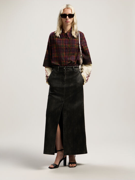 PALM ANGELS Curved Logo Coated Long Skirt DARK GREY - BLACK PWJC014F25FAB001
