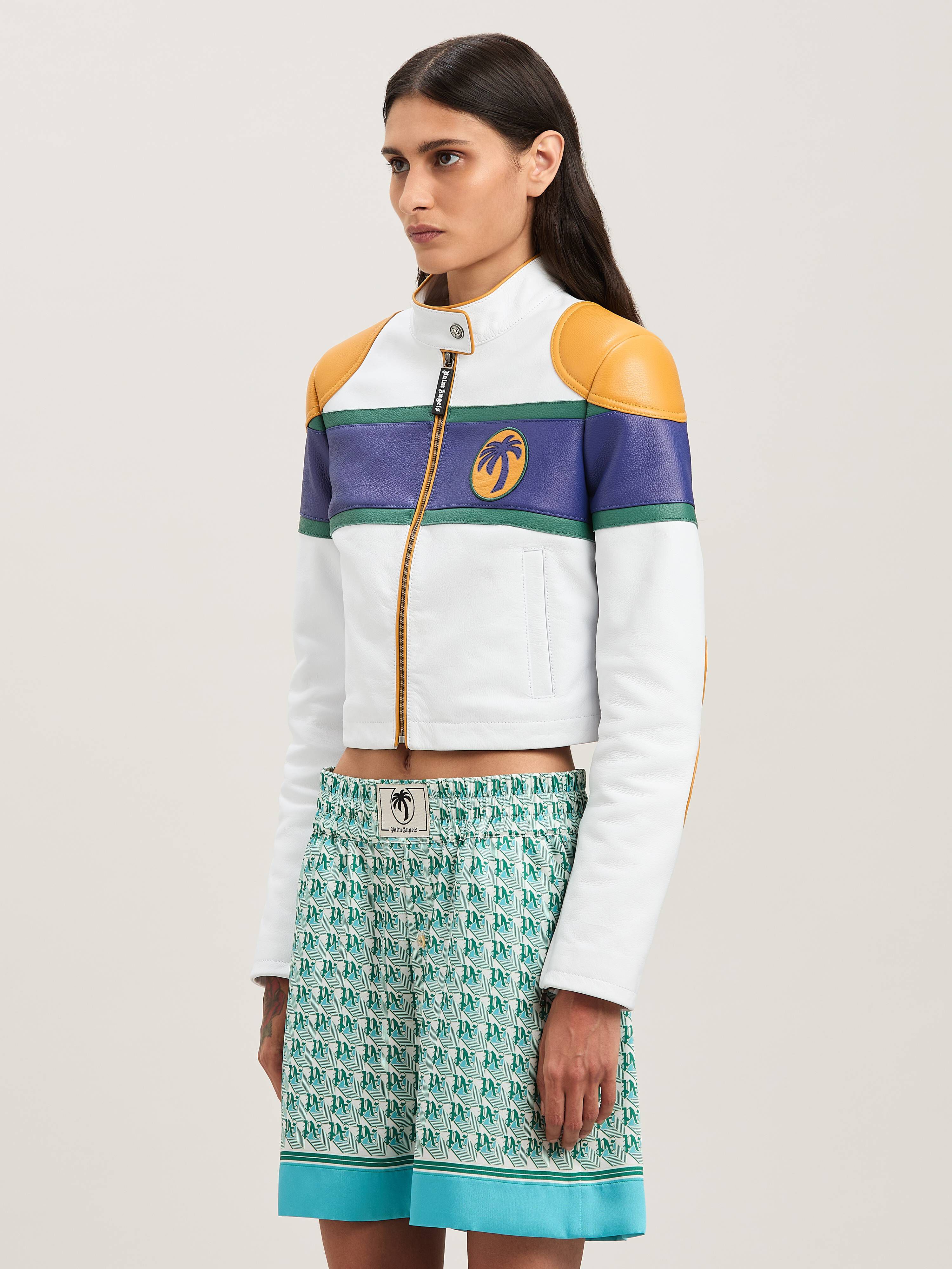 PALM ANGELS  Racing leather jacket OFF WHITE - BLUE PWJG019S25LEA001