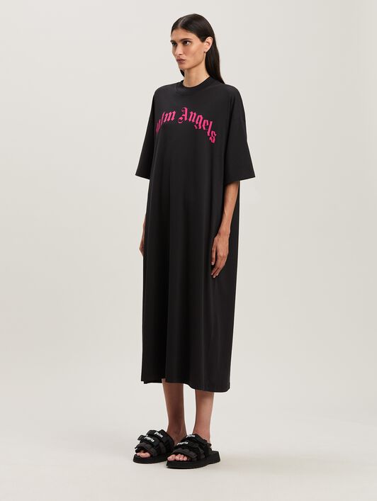 PALM ANGELS  Curved logo oversize T-shirt dress BLACK - FUCHSIA PWDH008S25JER001