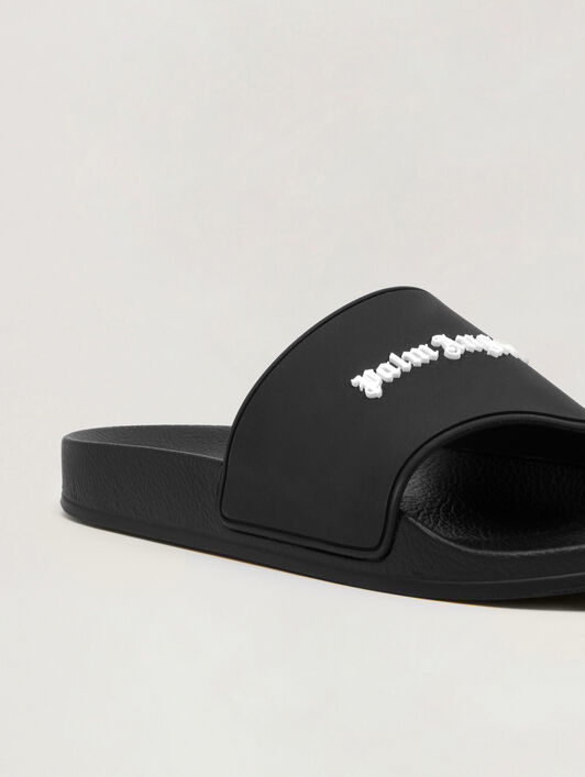 PALM ANGELS Classic Logo Pool Slider BLACK WHITE PWIC013C99MAT001