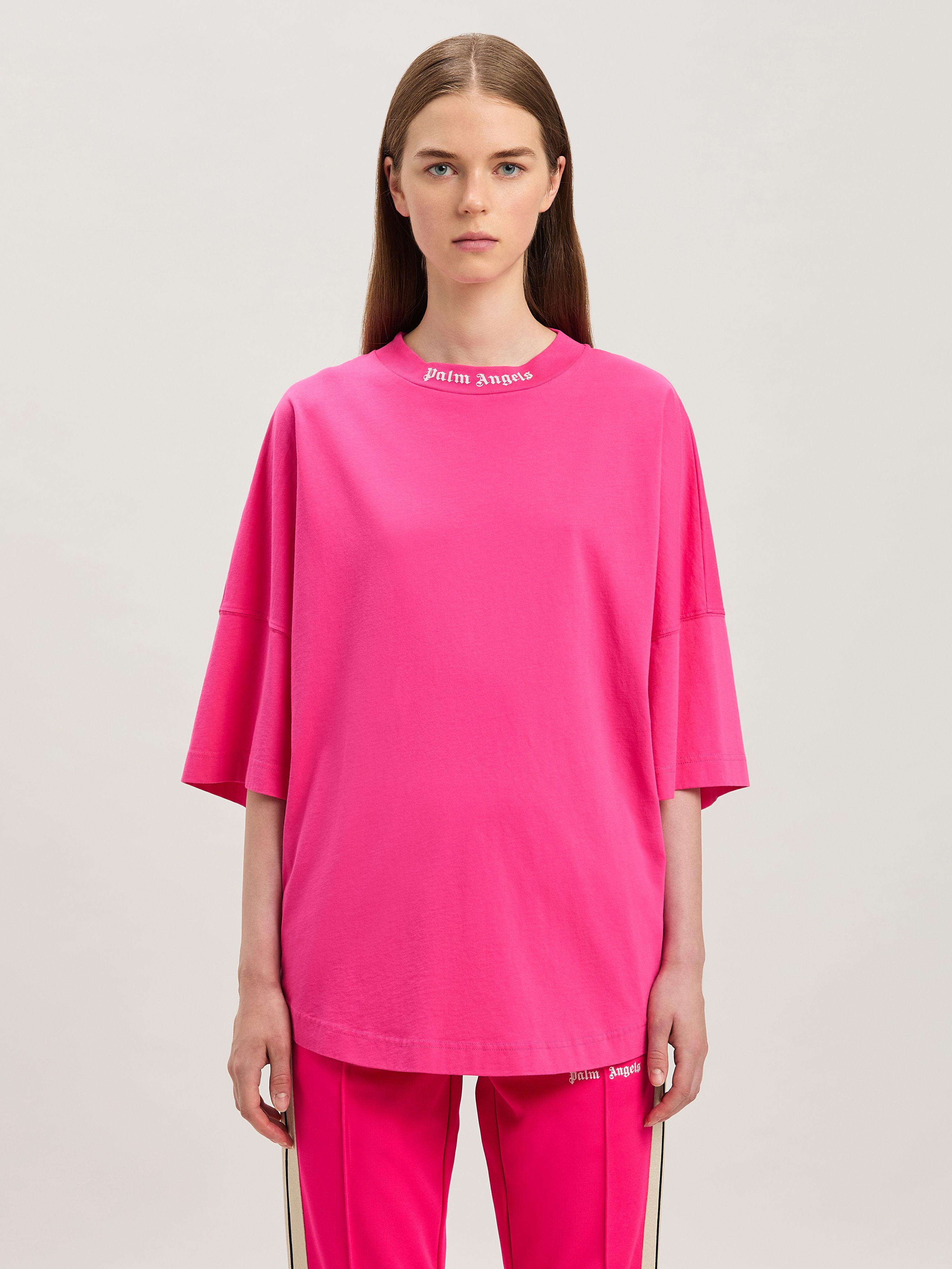 PALM ANGELS  Curved Logo oversize T-shirt FUCHSIA - SOFT PINK PWAA023S25JER002