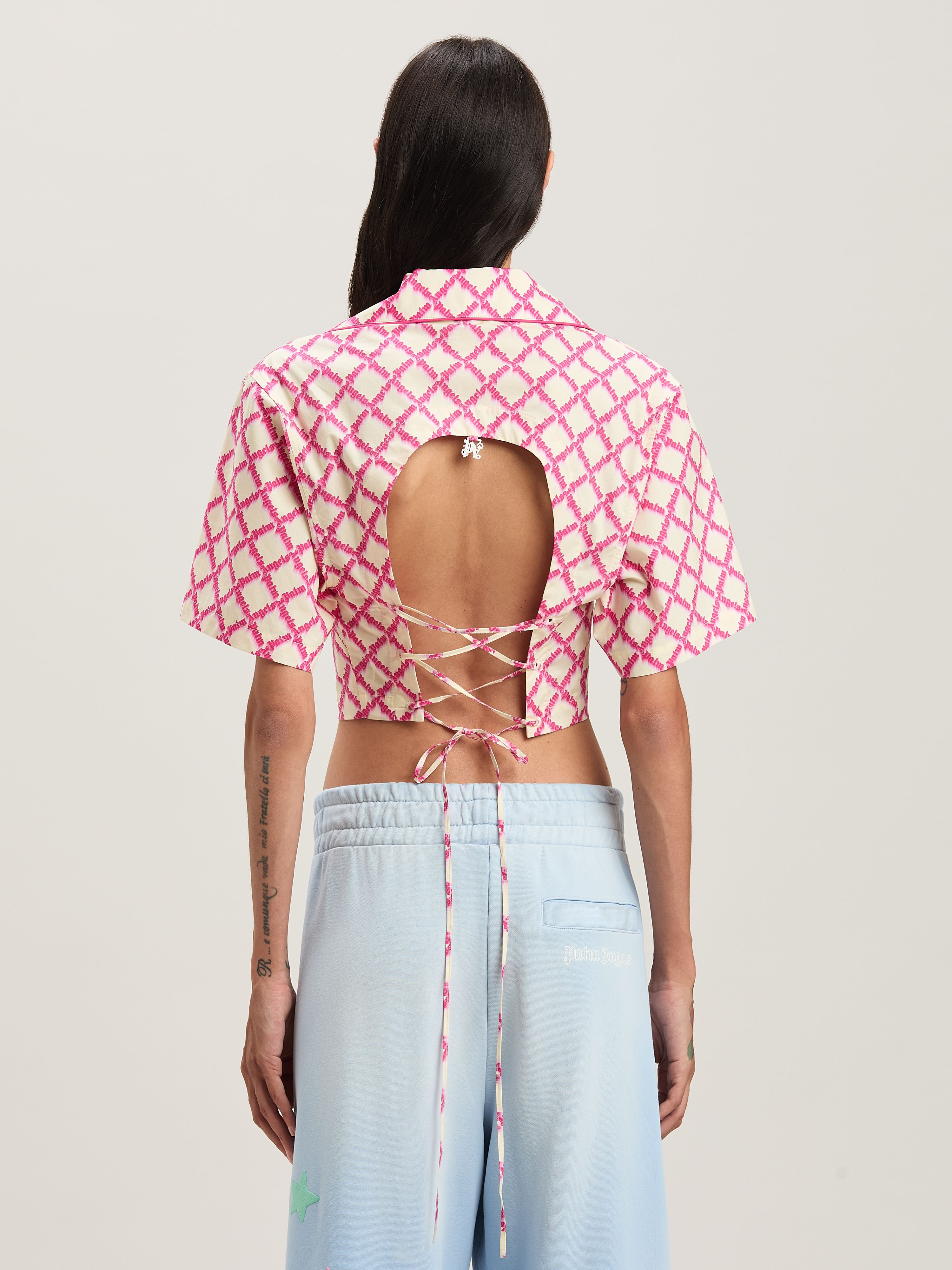 PALM ANGELS  Net Logo crisscrossed shirt IVORY - FUCHSIA PWGG007S25FAB001