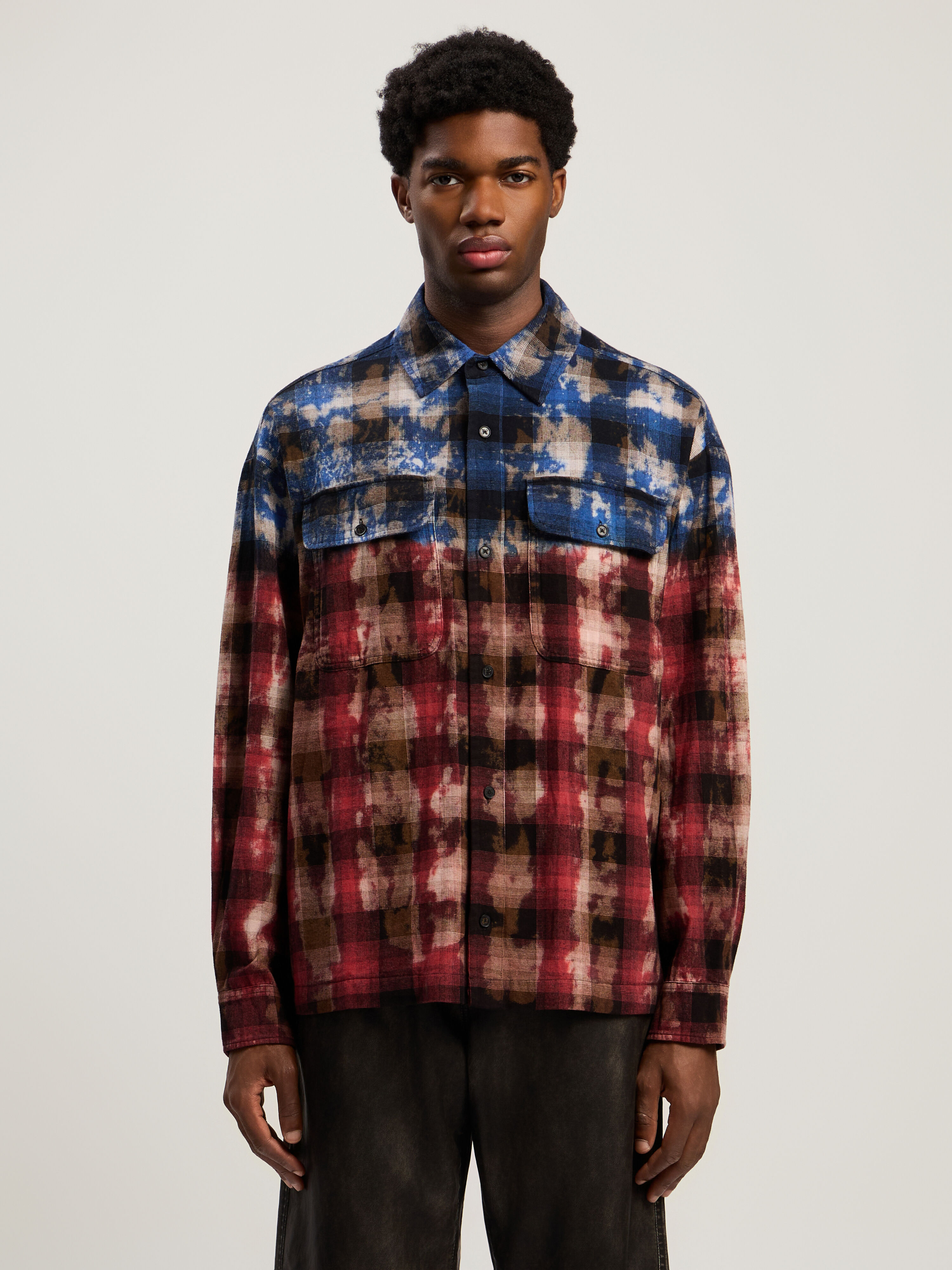 PALM ANGELS B Curved Logo Check Shirt L/S BLUE - RED PMGE043F25FAB001