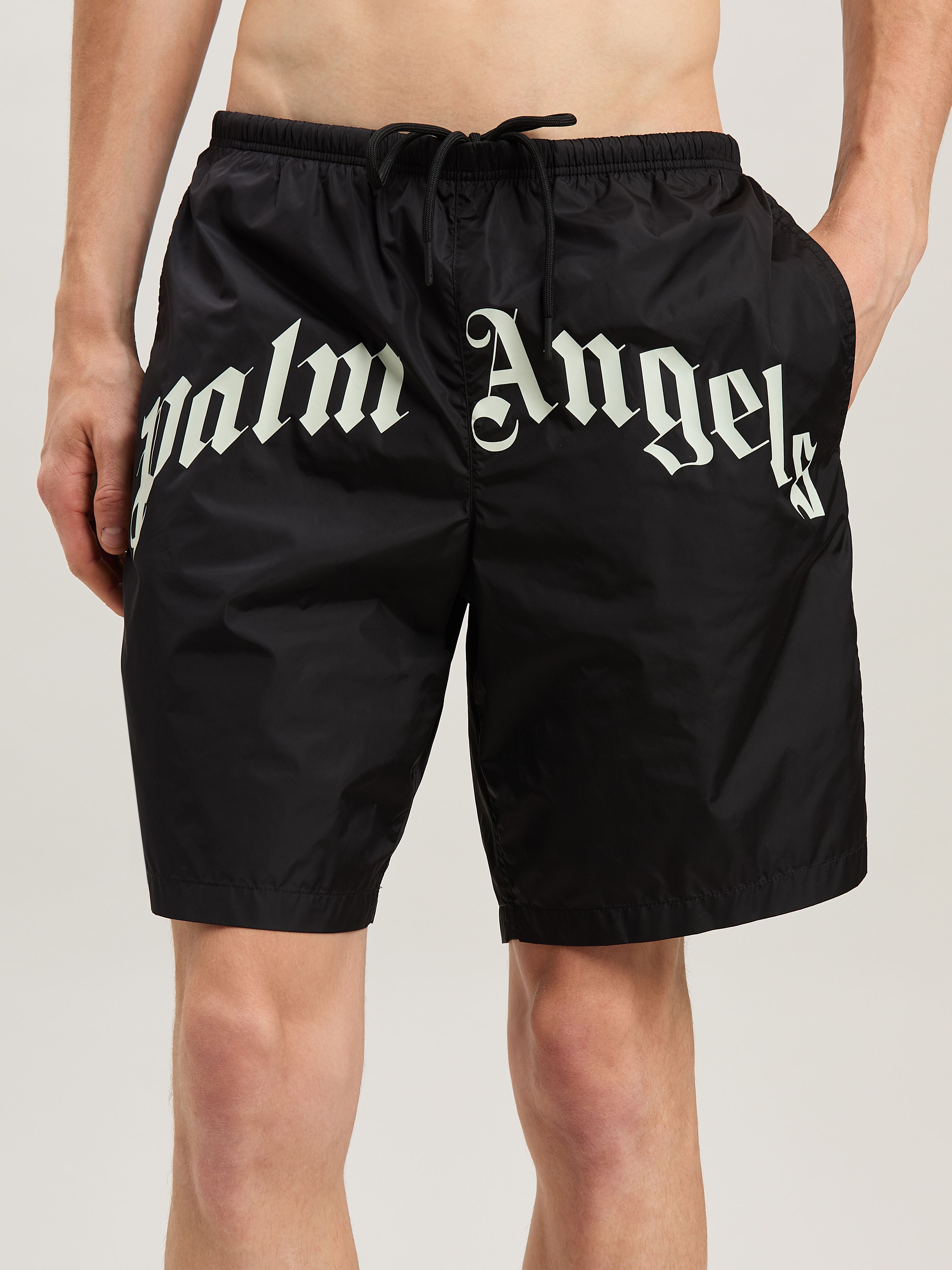PALM ANGELS  Curved logo Swimshorts BLACK - OFF WHITE PMFD018S25FAB001