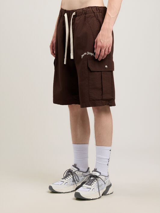 PALM ANGELS Curved Logo Loose Cargo Shorts BROWN OFF WHITE PMCS012S26FAB002