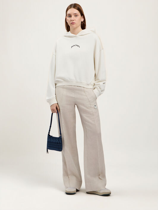 PALM ANGELS Curved Logo Loose Crop Hoodie OFF WHITE BLACK PWBB076S26FLE001