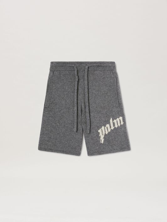 PALM ANGELS  Curved logo embroidered knit shorts GREY MELANGE - OFF WHITE PMHM011S25KNI001