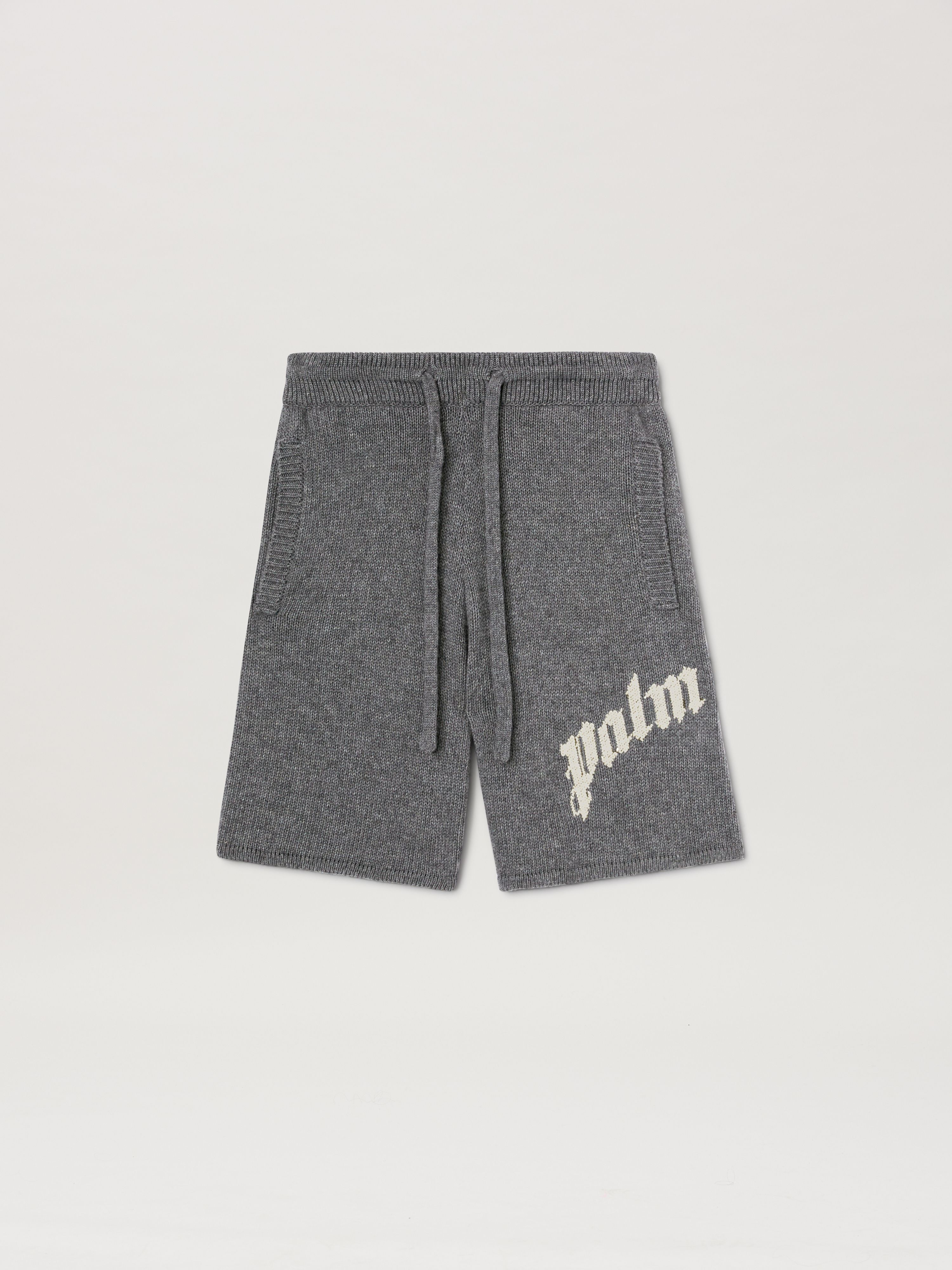 PALM ANGELS  Curved logo embroidered knit shorts GREY MELANGE - OFF WHITE PMHM011S25KNI001