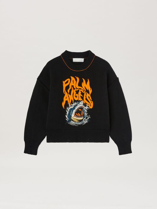 PALM ANGELS  Shark embroidered knit sweater BLACK ORANGE PBHE002S25KNI001