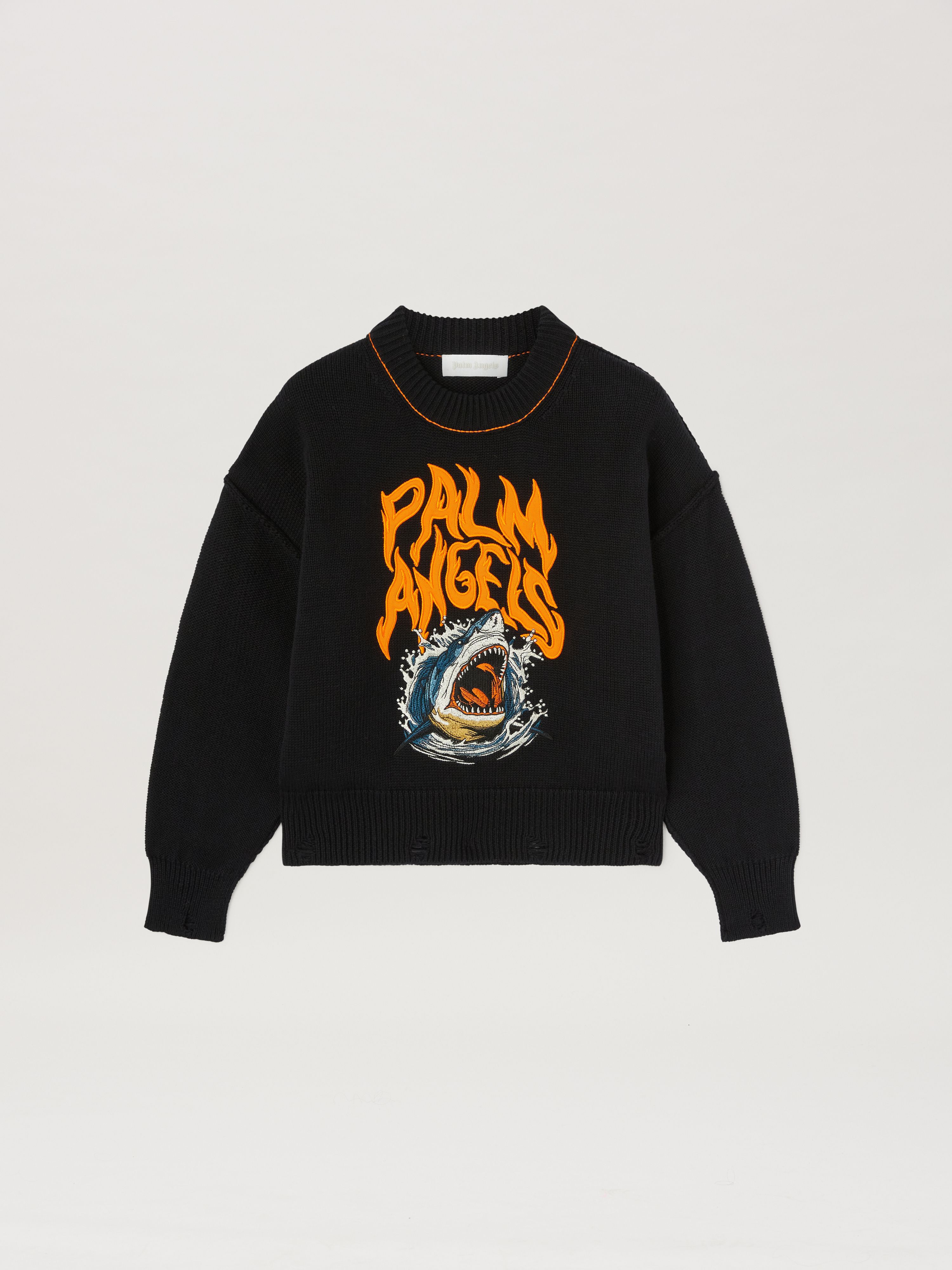 PALM ANGELS  Shark embroidered knit sweater BLACK ORANGE PBHE002S25KNI001