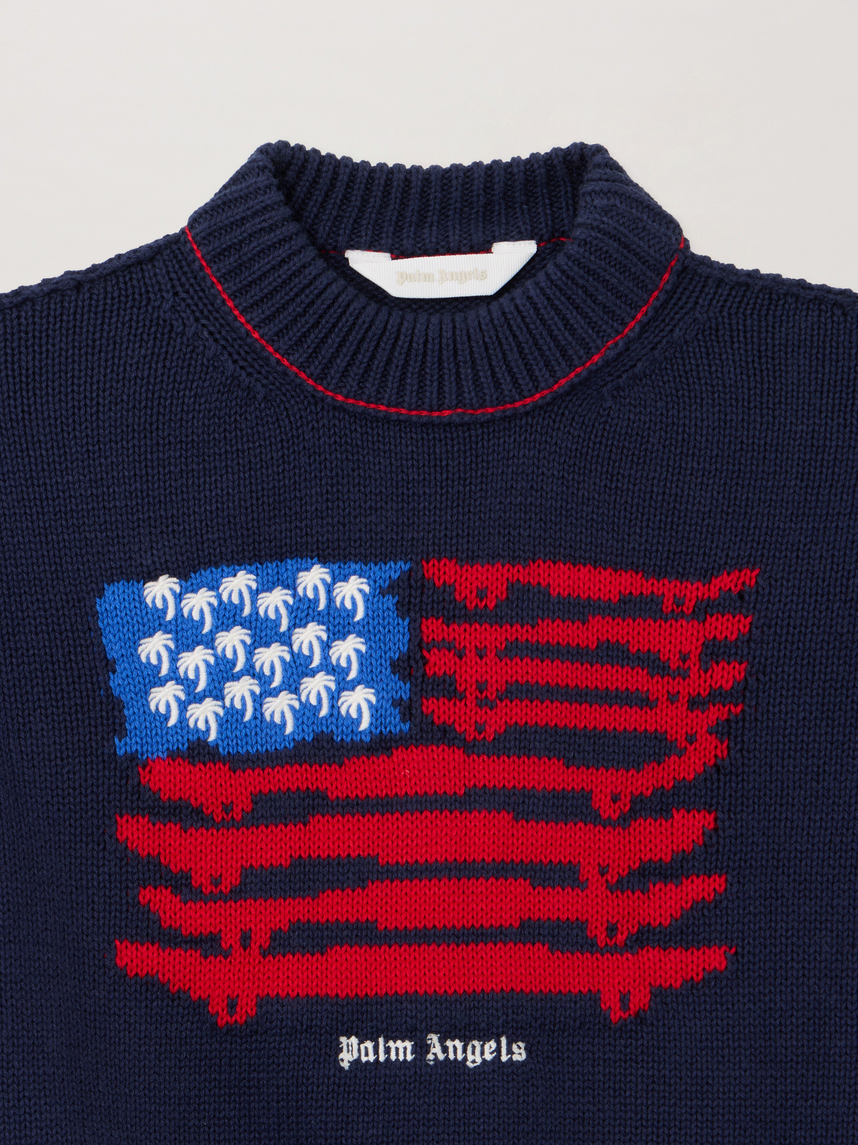 PALM ANGELS Palms Flag Knit Crewneck NAVY BLUE - RED PBHE002F25KNI003