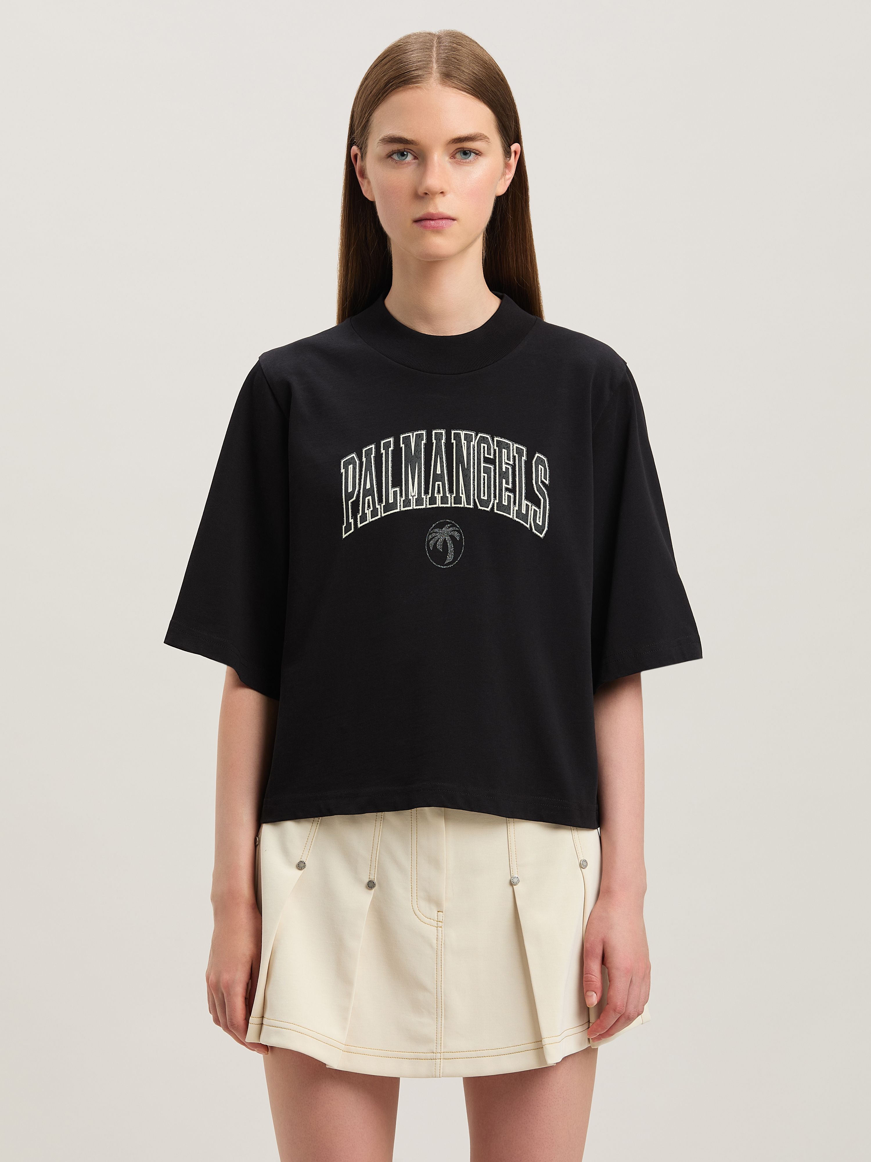 PALM ANGELS  College cropped T-shirt NERO - AVORIO PWAA020S25JER004