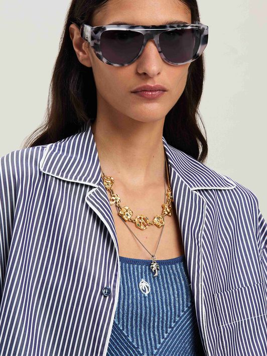 PALM ANGELS  Curved logo striped shirt NAVY BLUE - OFF WHITE PWGG005S25FAB001