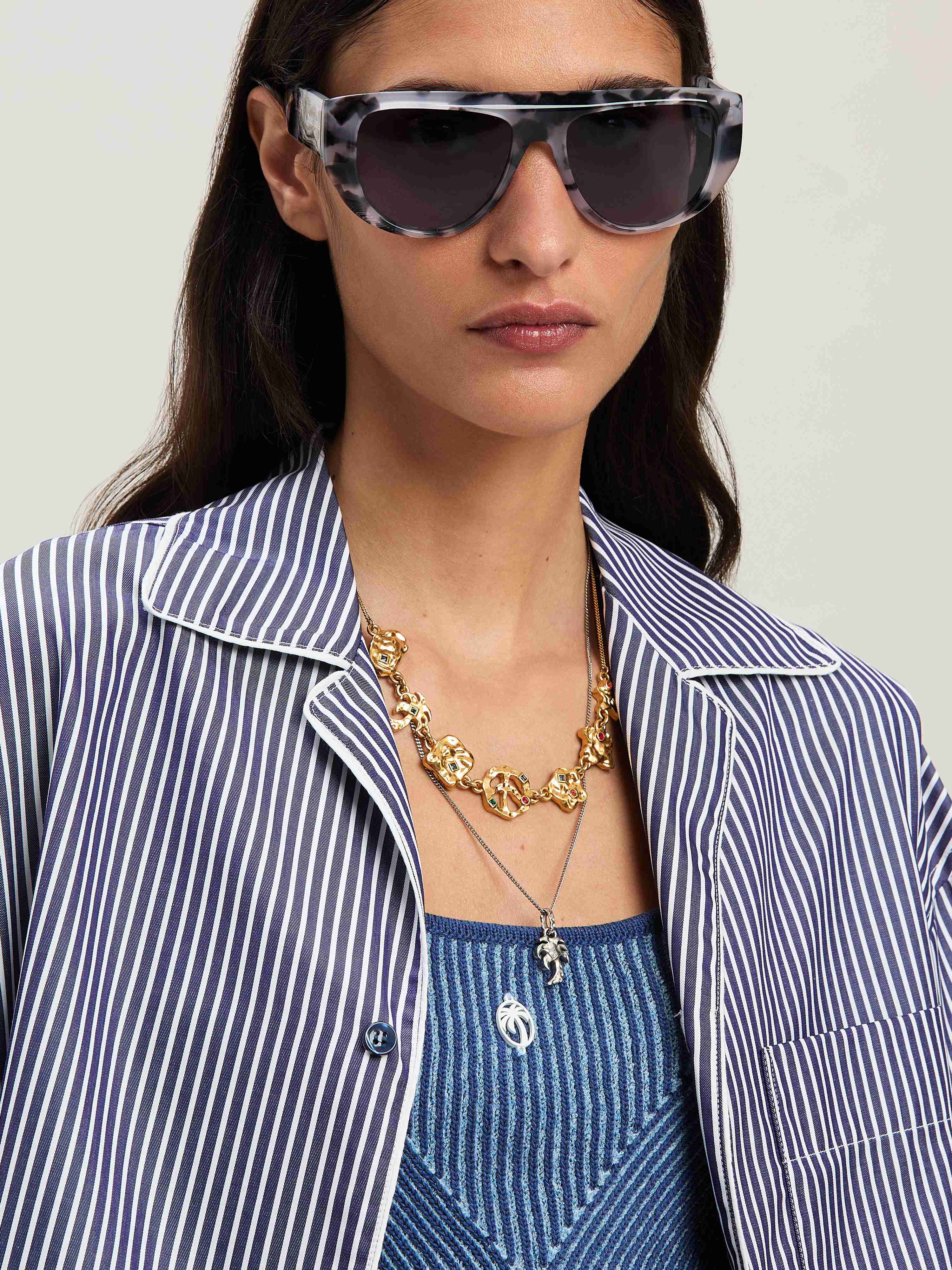 PALM ANGELS  Curved logo striped shirt NAVY BLUE - OFF WHITE PWGG005S25FAB001