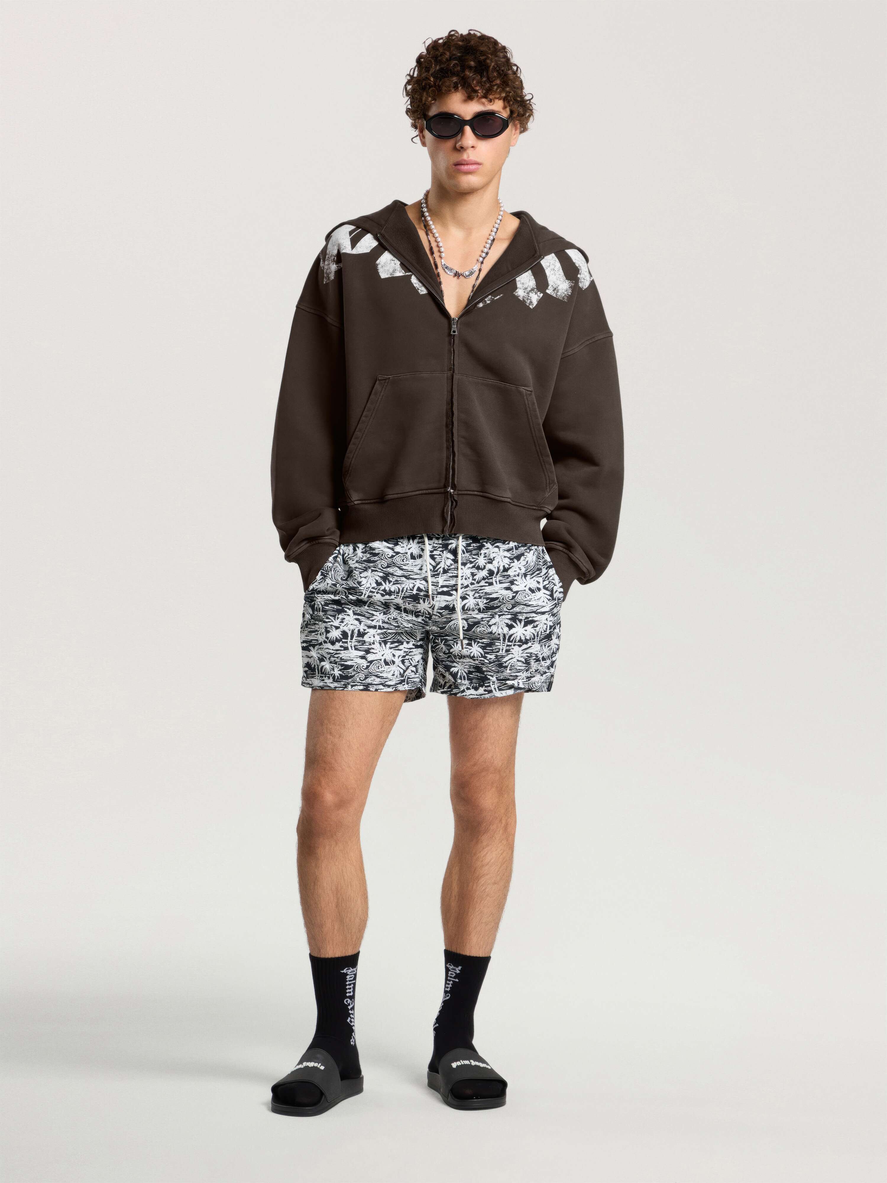 PALM ANGELS Big Neck Logo Zip Loose Hoodie BROWN - OFF WHITE PAMBE02F26FL01