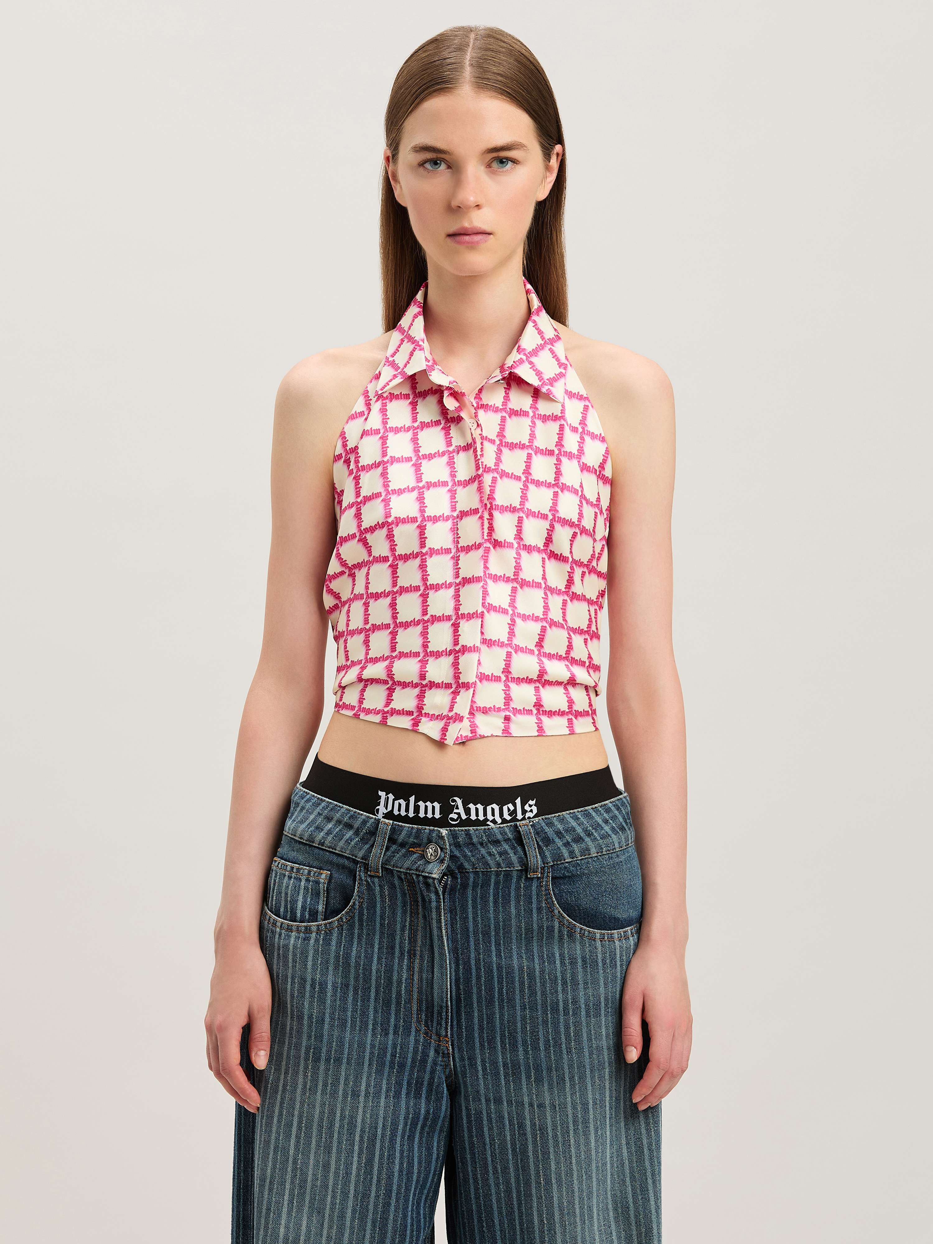 PALM ANGELS  Net logo open back shirt IVORY - FUCHSIA PWGF010S25FAB001