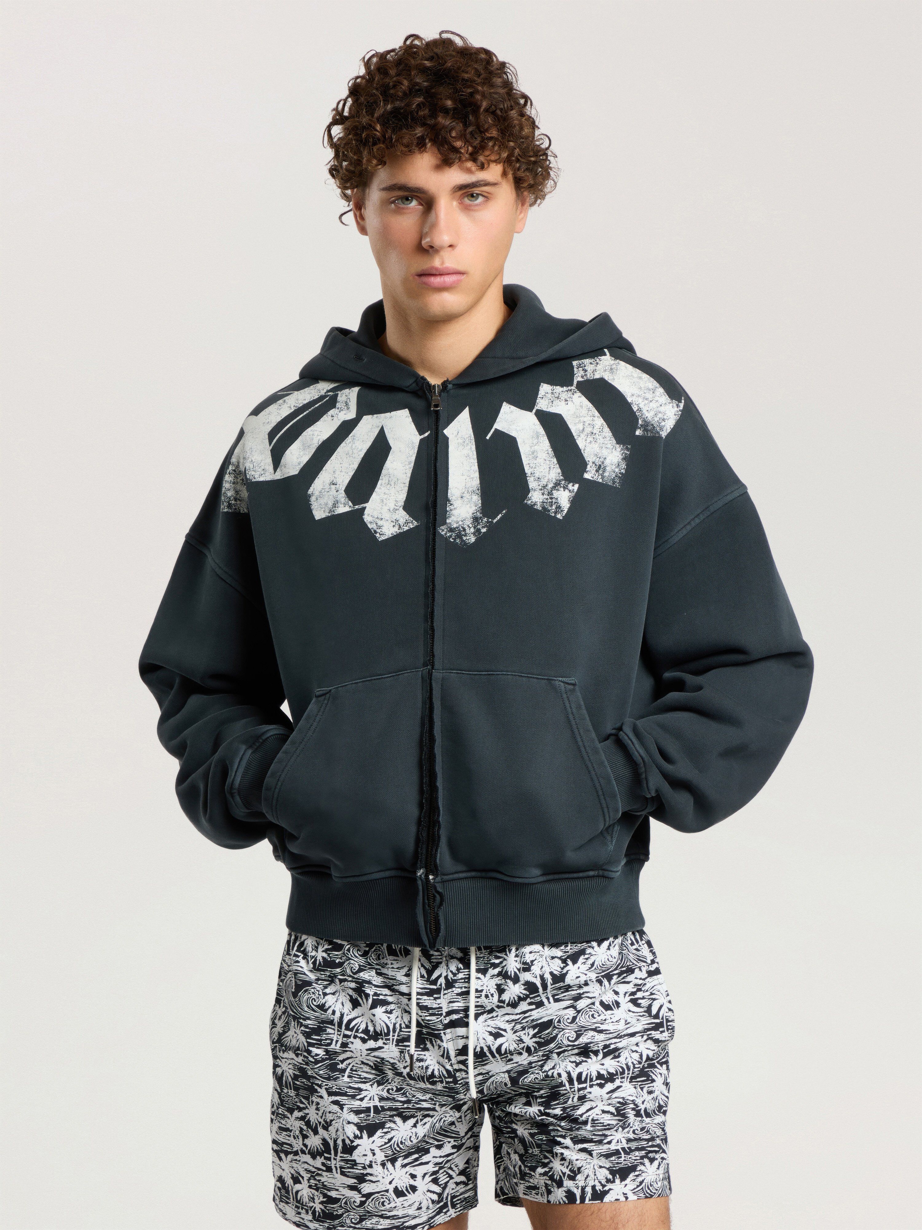PALM ANGELS Big Neck Logo Zip Loose Hoodie BLACK - OFF WHITE PAMBE02F26FL01