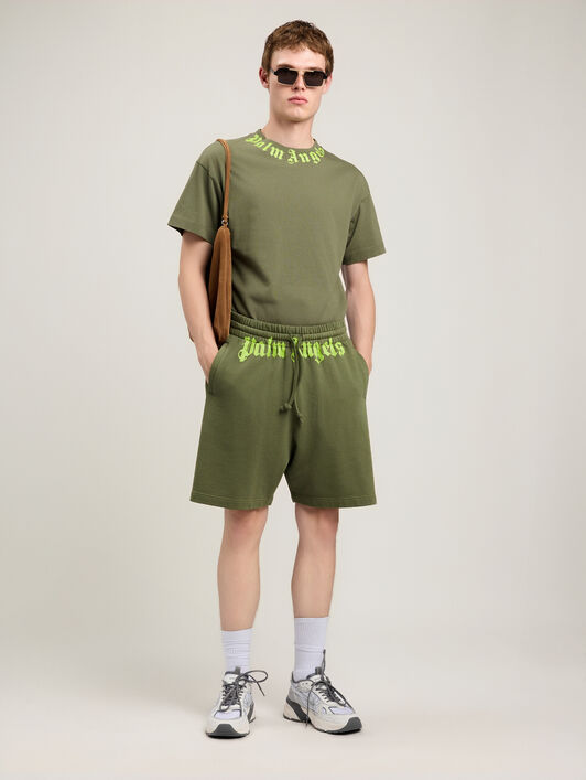 PALM ANGELS Neck Logo T-Shirt MILITARY GREEN LIME PMAA109S26JER008