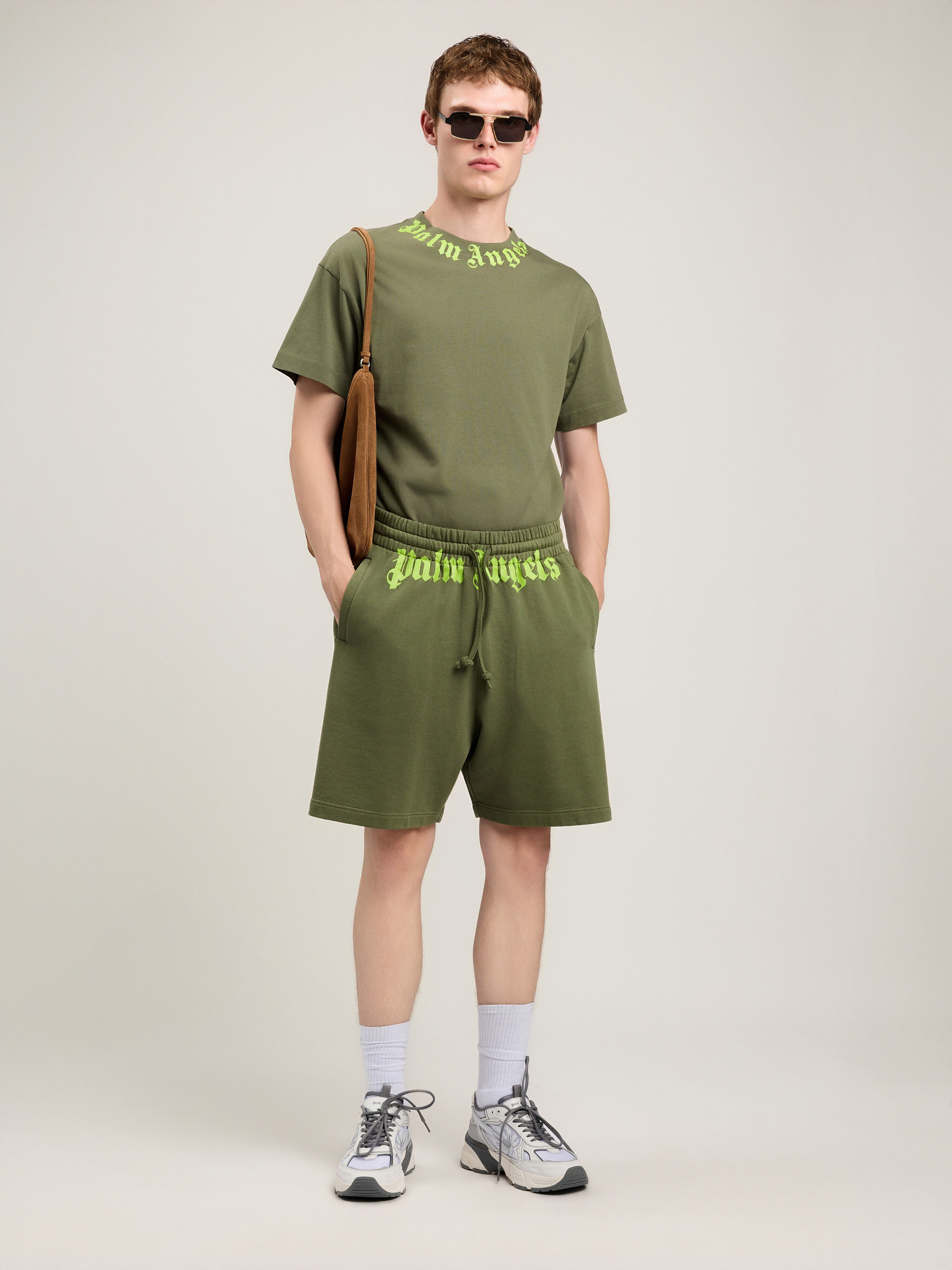 PALM ANGELS Neck Logo T-Shirt MILITARY GREEN LIME PMAA109S26JER008