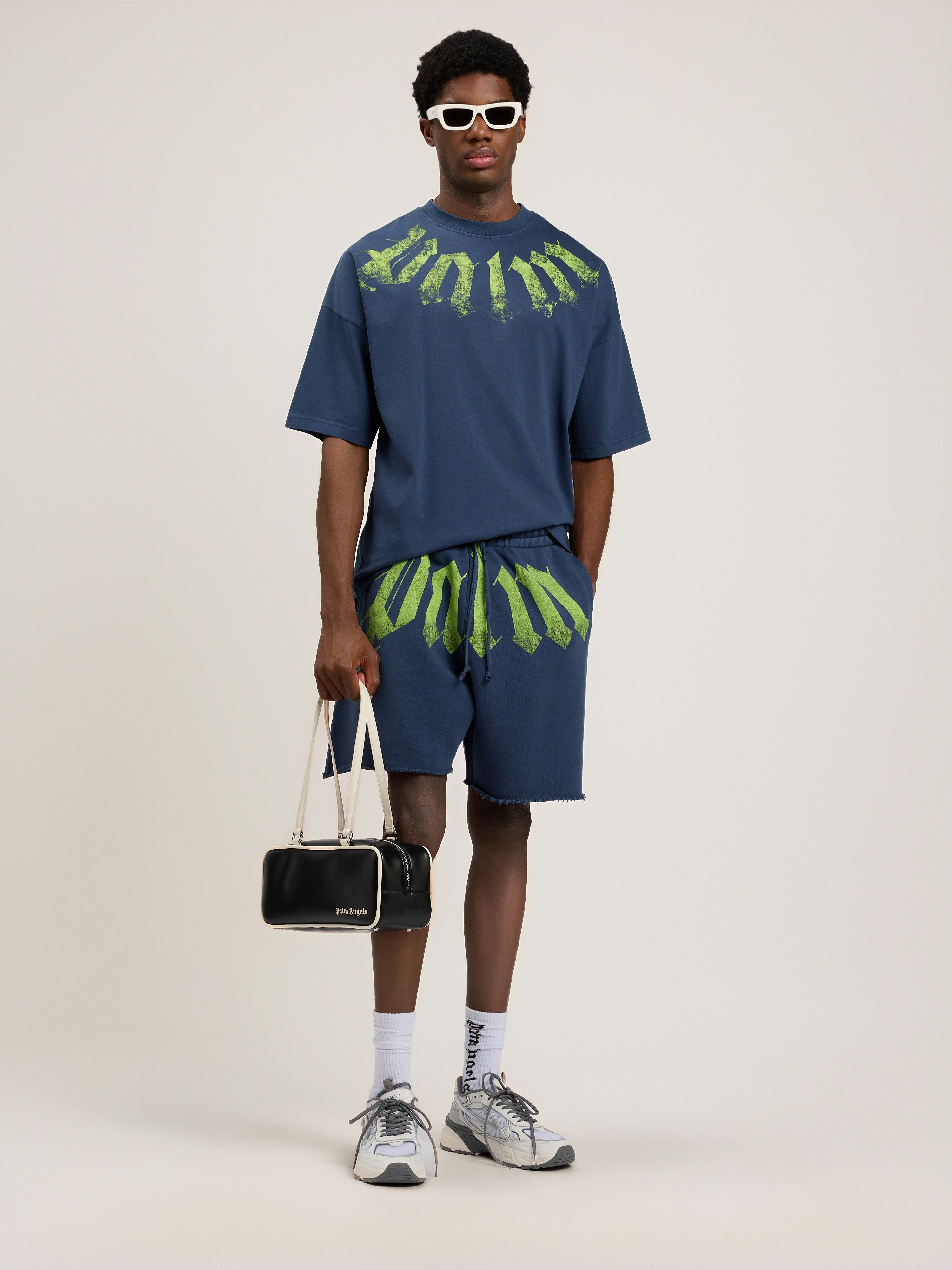 Big Waist Logo Sweatshorts PALM ANGELS Big Waist Logo Sweatshorts NAVY BLUE LIME PMCI02CS26FLE001