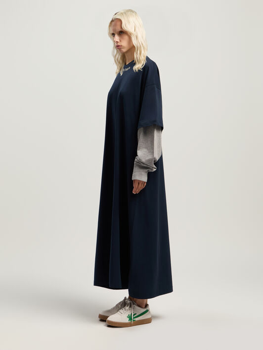 Curved Logo Layered Dress PALM ANGELS Curved Logo Layered Dress DARK BLUE - OFF WHITE PWDE005F25JER001