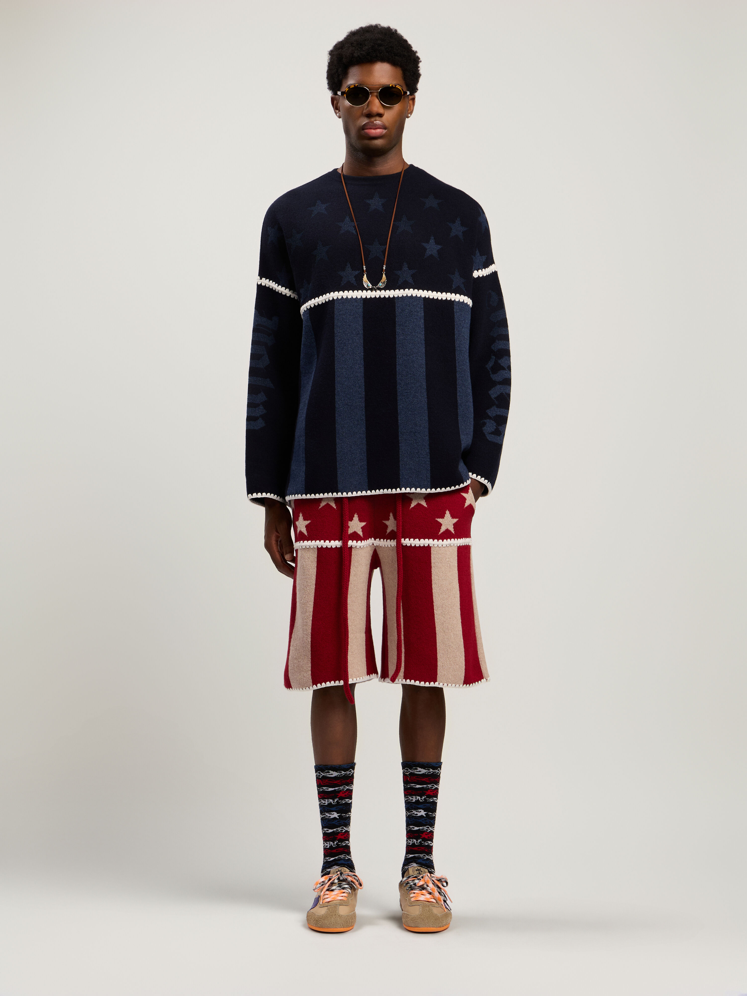 PALM ANGELS Stars&Stripes Knit Shorts RED - ECRU PMHM015F25KNI001