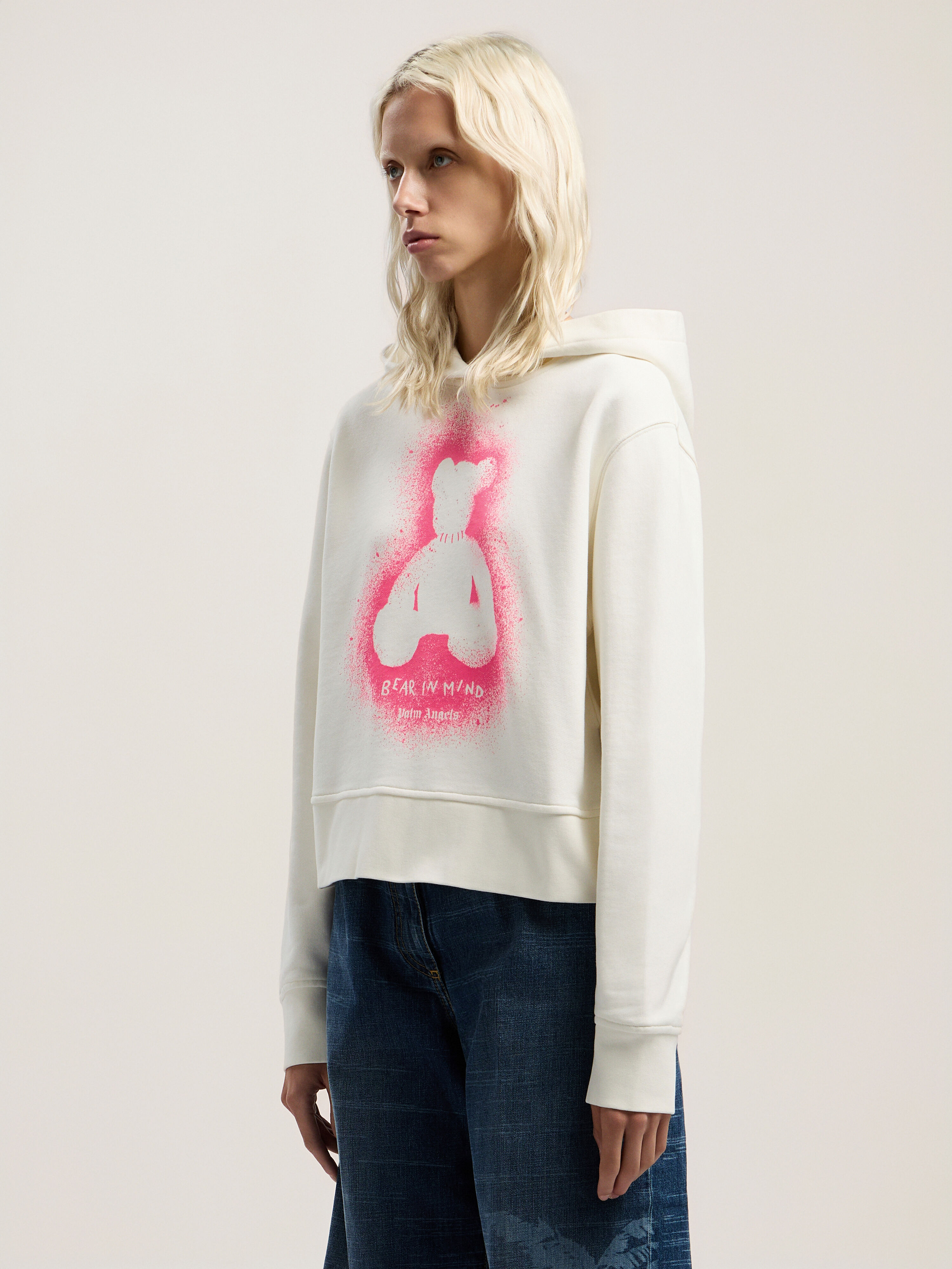 PALM ANGELS Spray Bear Fitted Hoody OFF WHITE - FUCHSIA FLUO PWBB069F25FLE001